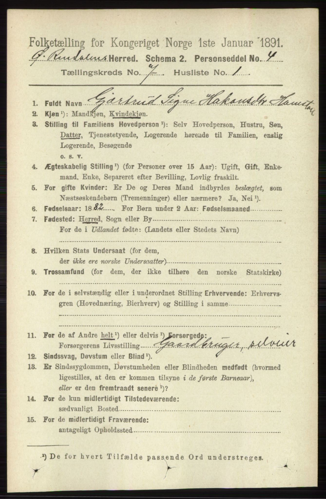 RA, 1891 census for 0433 Øvre Rendal, 1891, p. 1732
