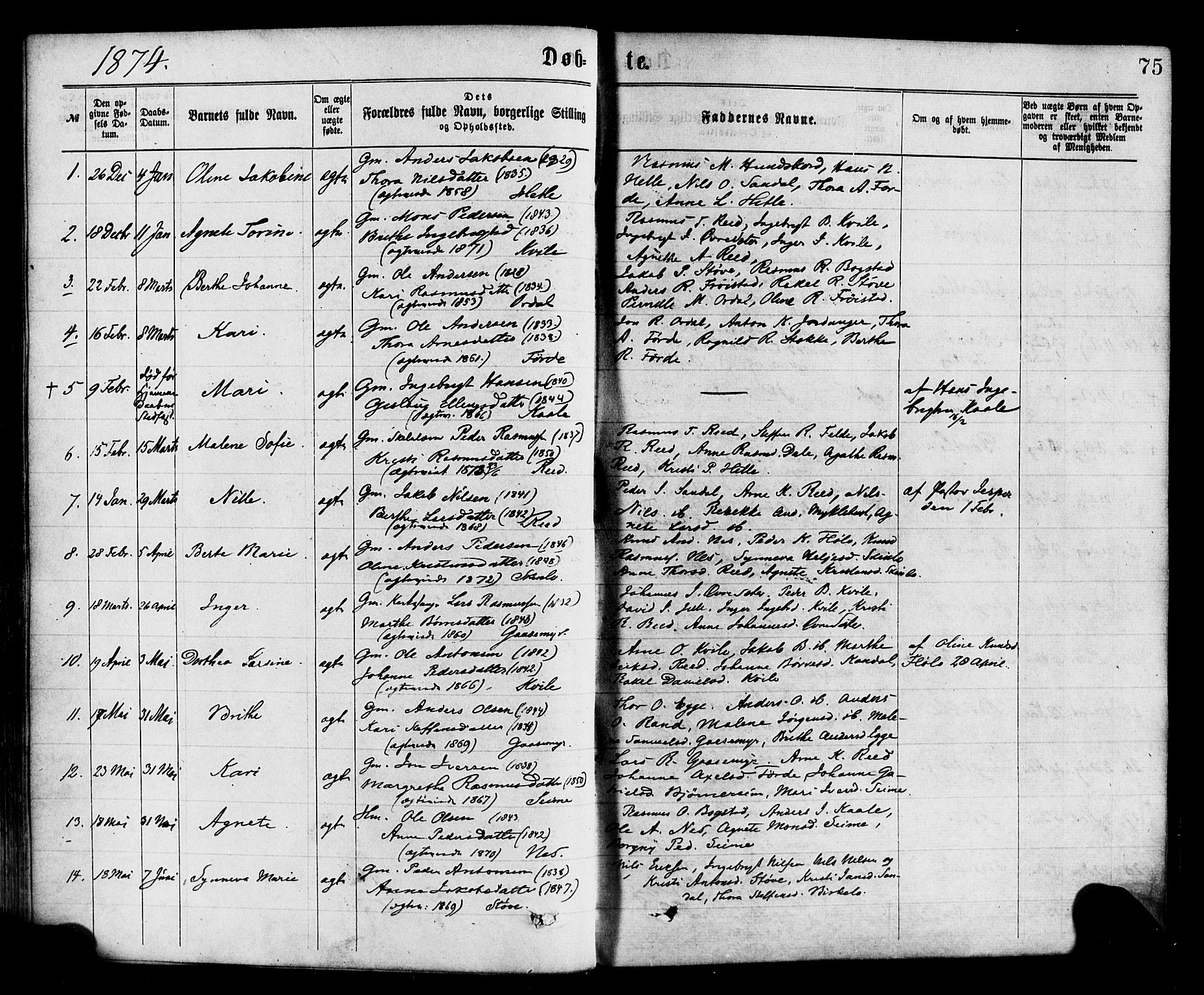 Gloppen sokneprestembete, SAB/A-80101/H/Haa/Haac/L0001: Parish register (official) no. C 1, 1871-1886, p. 75