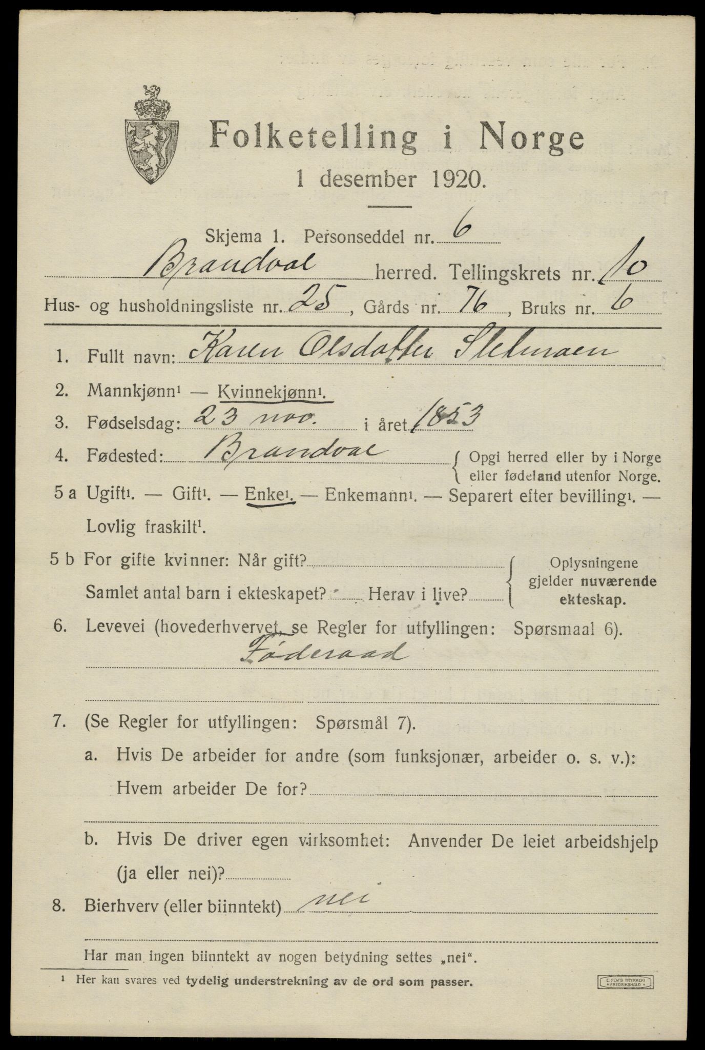 SAH, 1920 census for Brandval, 1920, p. 8044