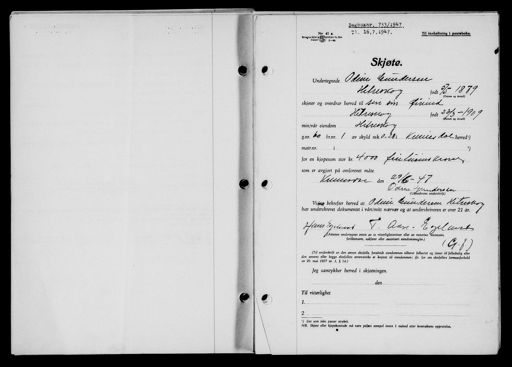 Flekkefjord sorenskriveri, SAK/1221-0001/G/Gb/Gba/L0062: Mortgage book no. A-10, 1947-1947, Diary no: : 733/1947