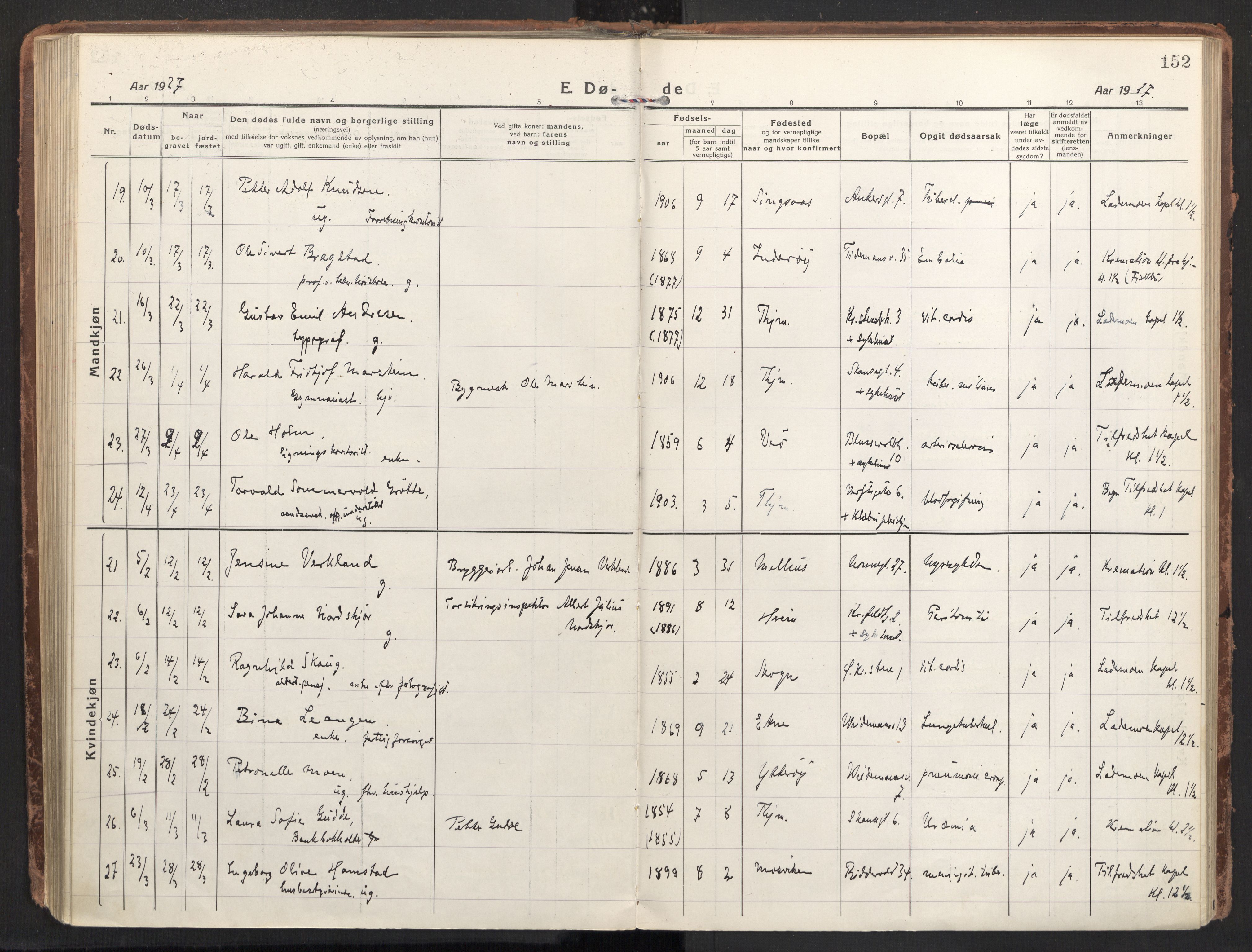 Ministerialprotokoller, klokkerbøker og fødselsregistre - Sør-Trøndelag, SAT/A-1456/604/L0207: Parish register (official) no. 604A27, 1917-1933, p. 152