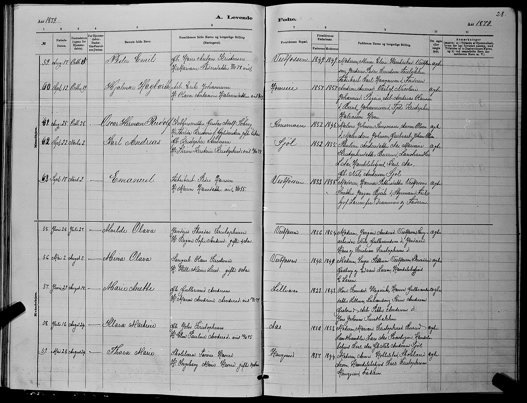 Eiker kirkebøker, AV/SAKO-A-4/G/Ga/L0005: Parish register (copy) no. I 5, 1878-1887, p. 28