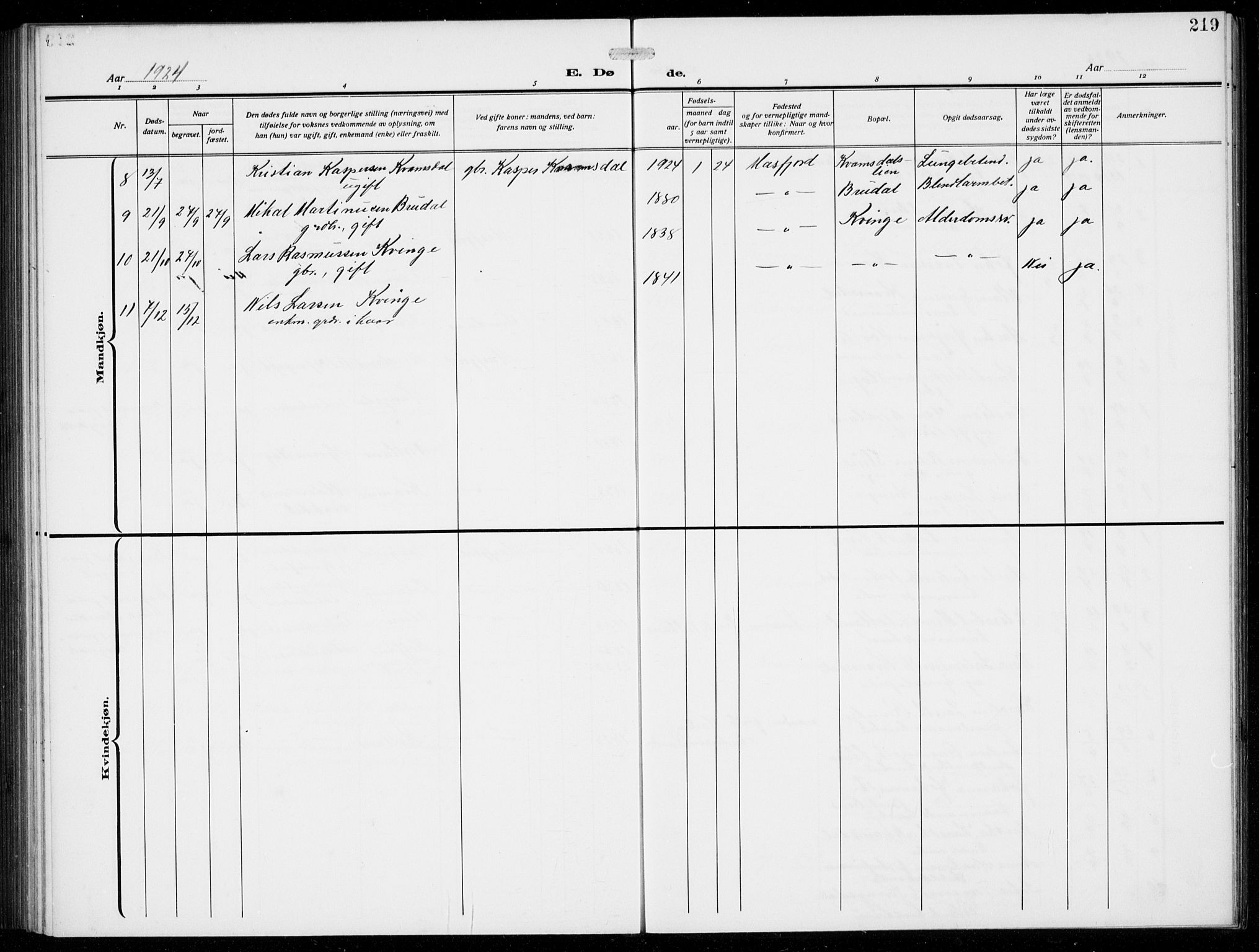 Masfjorden Sokneprestembete, SAB/A-77001: Parish register (copy) no. B  2, 1912-1939, p. 219