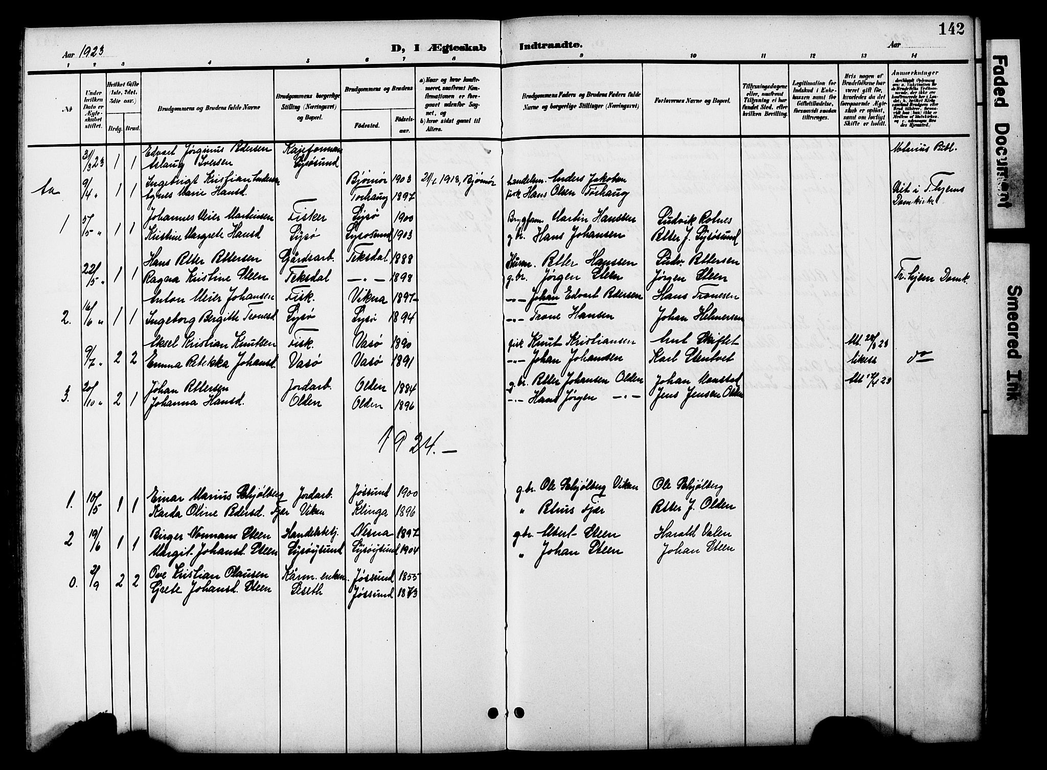 Ministerialprotokoller, klokkerbøker og fødselsregistre - Sør-Trøndelag, AV/SAT-A-1456/654/L0666: Parish register (copy) no. 654C02, 1901-1925, p. 142
