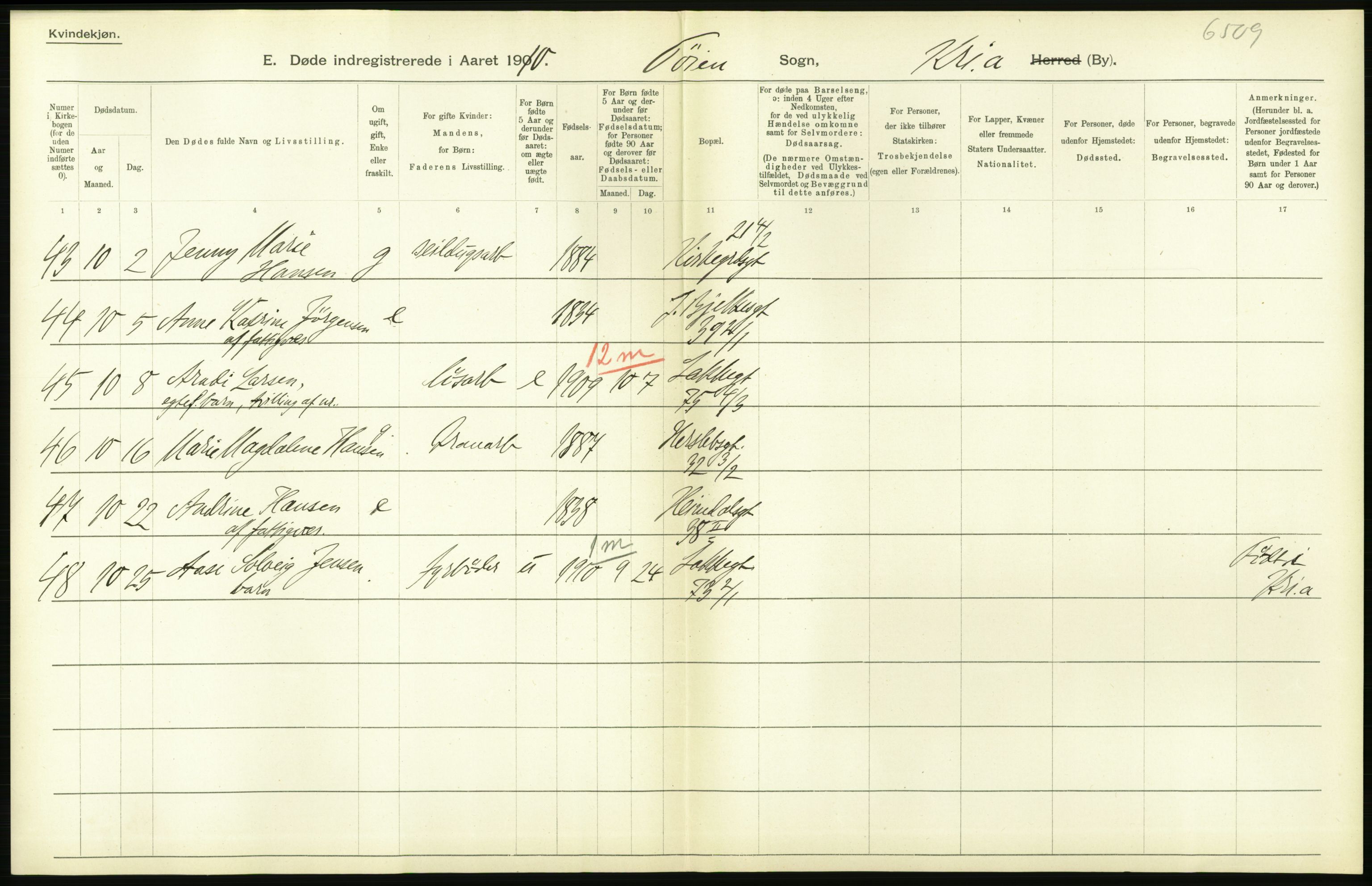 Statistisk sentralbyrå, Sosiodemografiske emner, Befolkning, AV/RA-S-2228/D/Df/Dfa/Dfah/L0008: Kristiania: Døde, 1910, p. 42