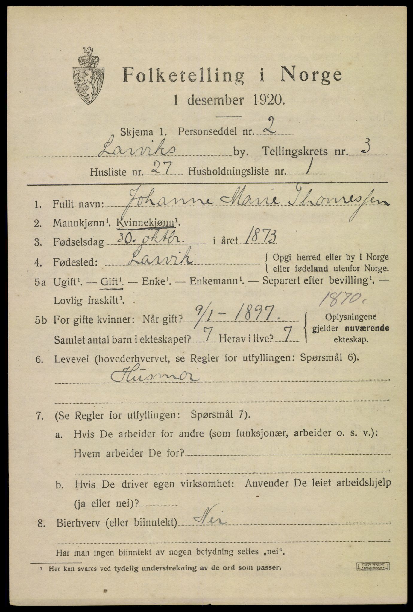 SAKO, 1920 census for Larvik, 1920, p. 12730