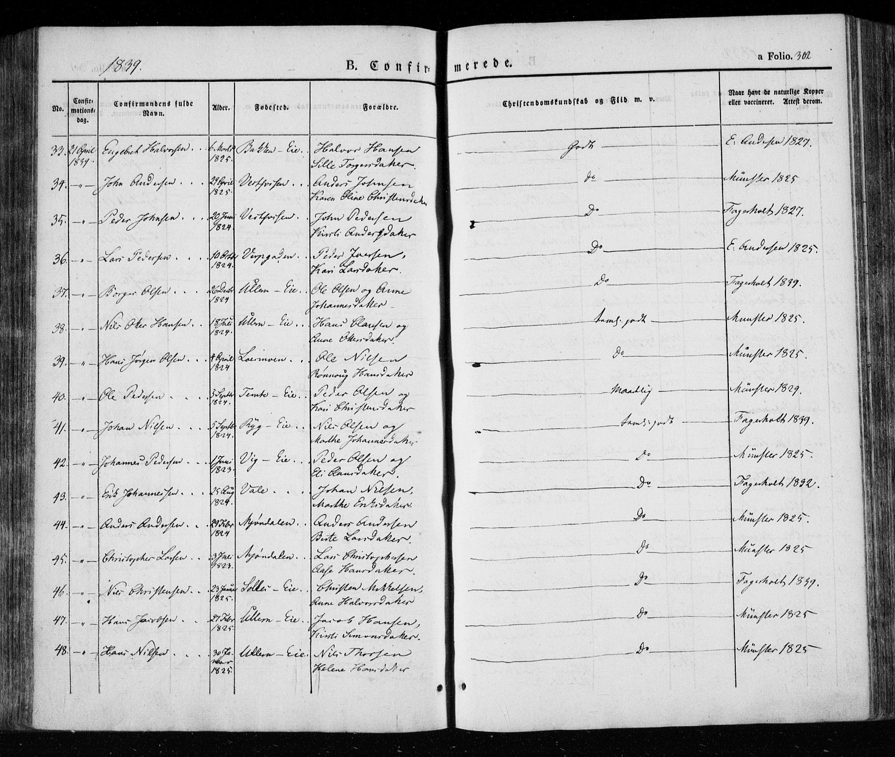 Eiker kirkebøker, SAKO/A-4/F/Fa/L0013a: Parish register (official) no. I 13A, 1832-1845, p. 302