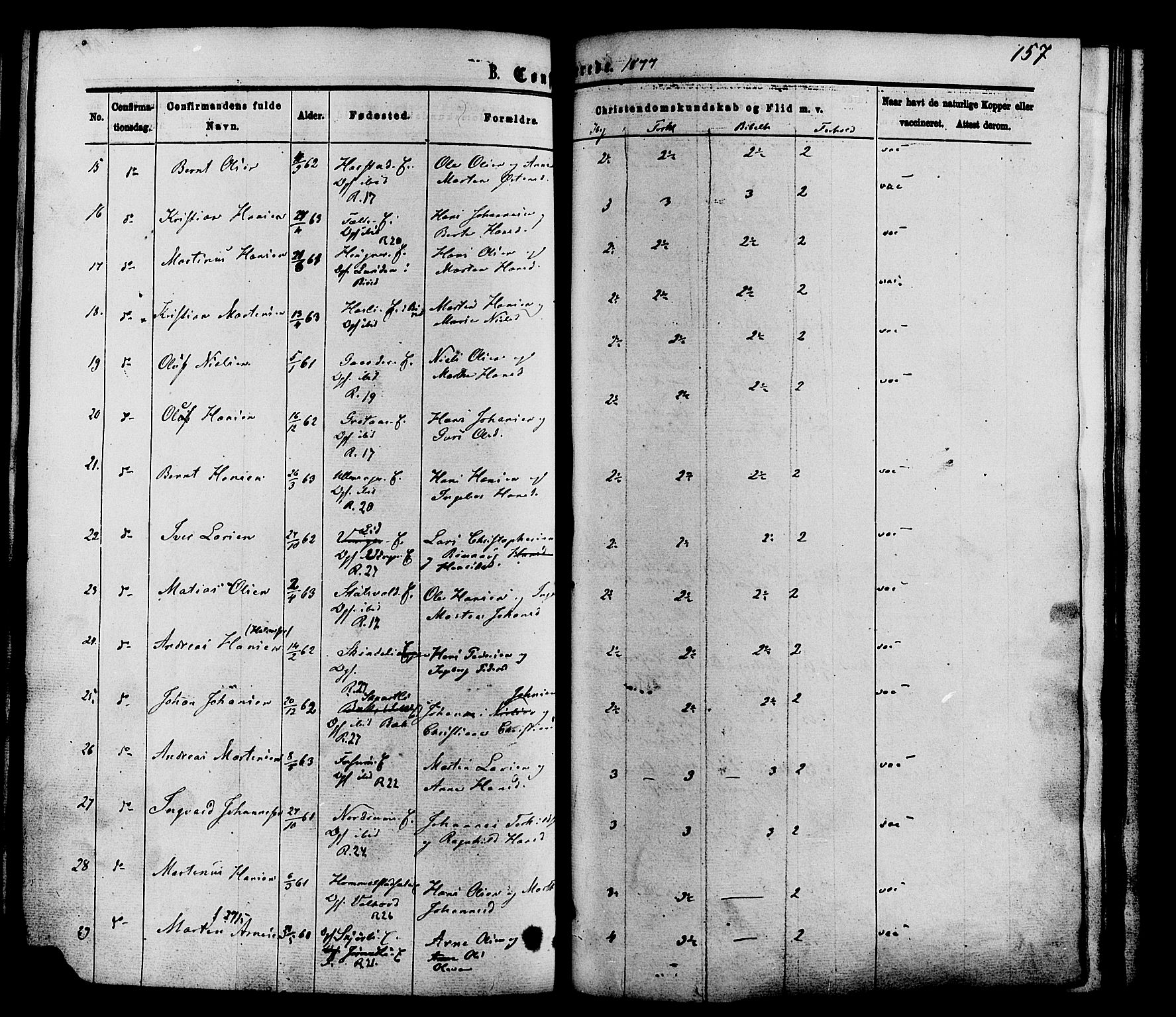 Nordre Land prestekontor, AV/SAH-PREST-124/H/Ha/Haa/L0002: Parish register (official) no. 2, 1872-1881, p. 157