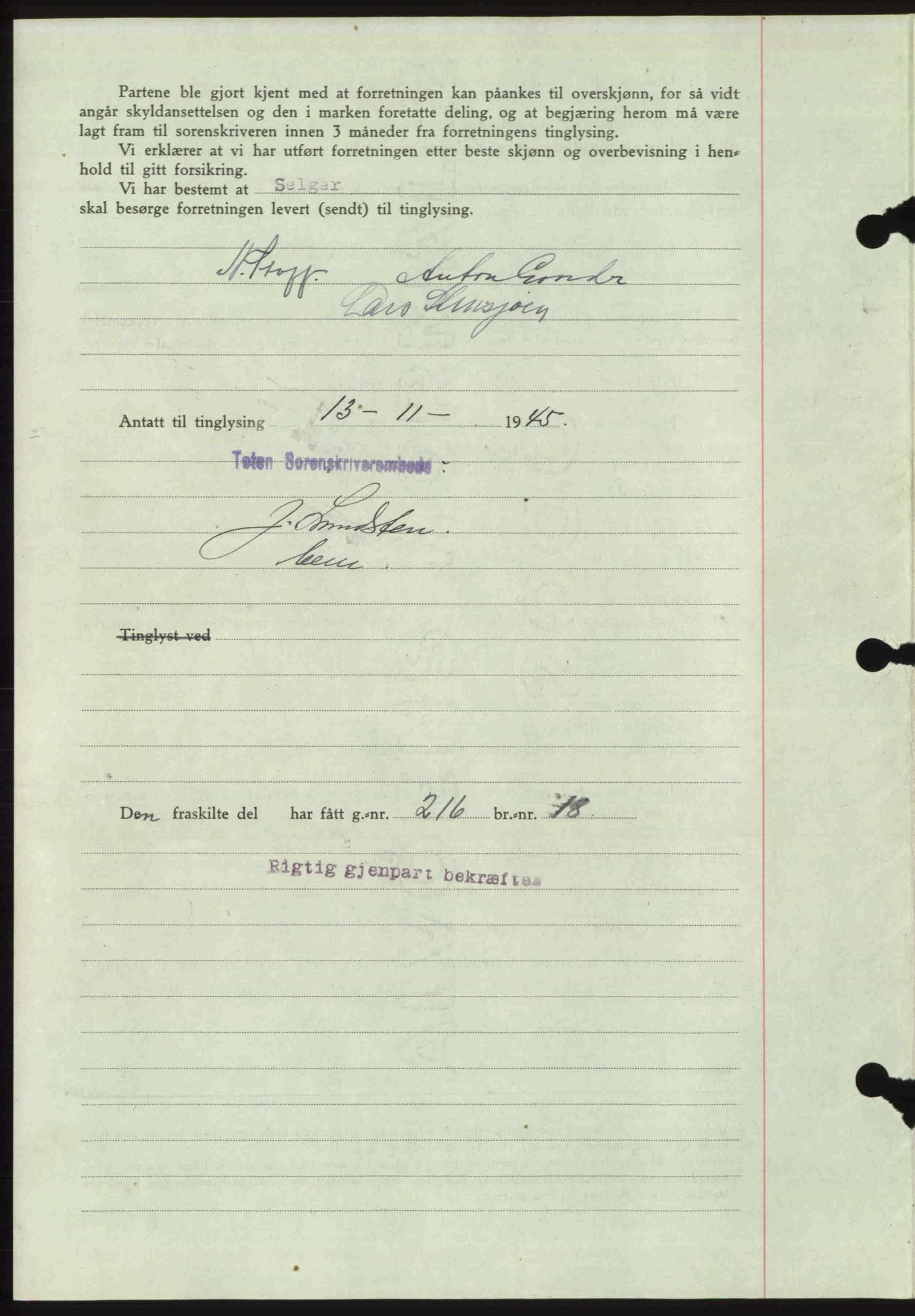 Toten tingrett, SAH/TING-006/H/Hb/Hbc/L0013: Mortgage book no. Hbc-13, 1945-1945, Diary no: : 1541/1945