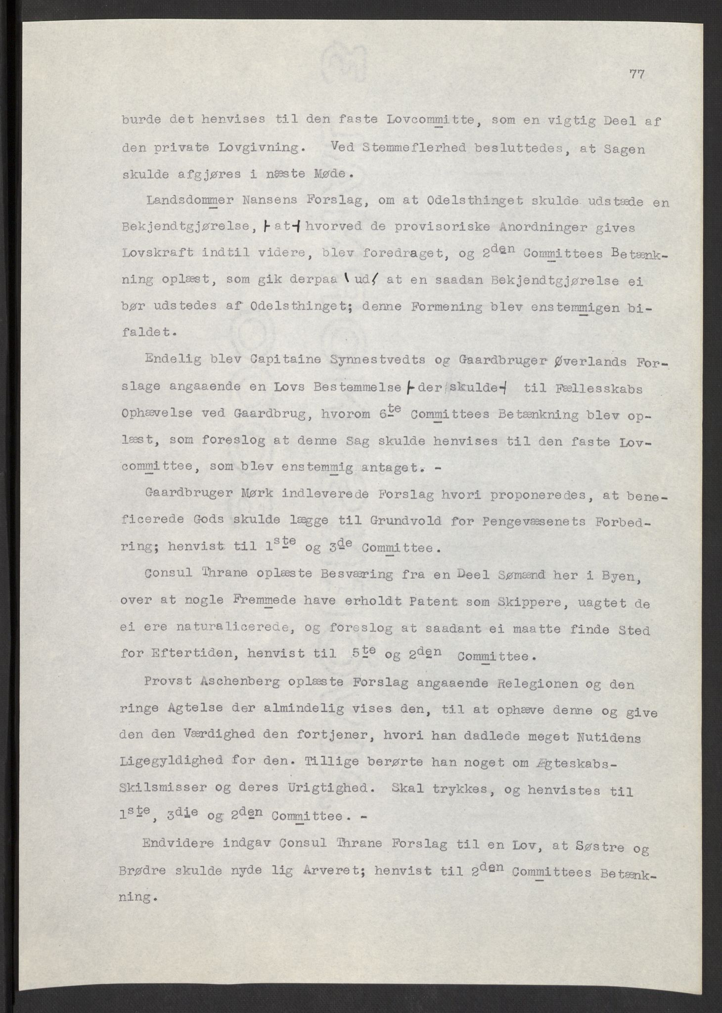 Manuskriptsamlingen, AV/RA-EA-3667/F/L0197: Wetlesen, Hans Jørgen (stortingsmann, ingeniørkaptein); Referat fra Stortinget 1815-1816, 1815-1816, p. 77