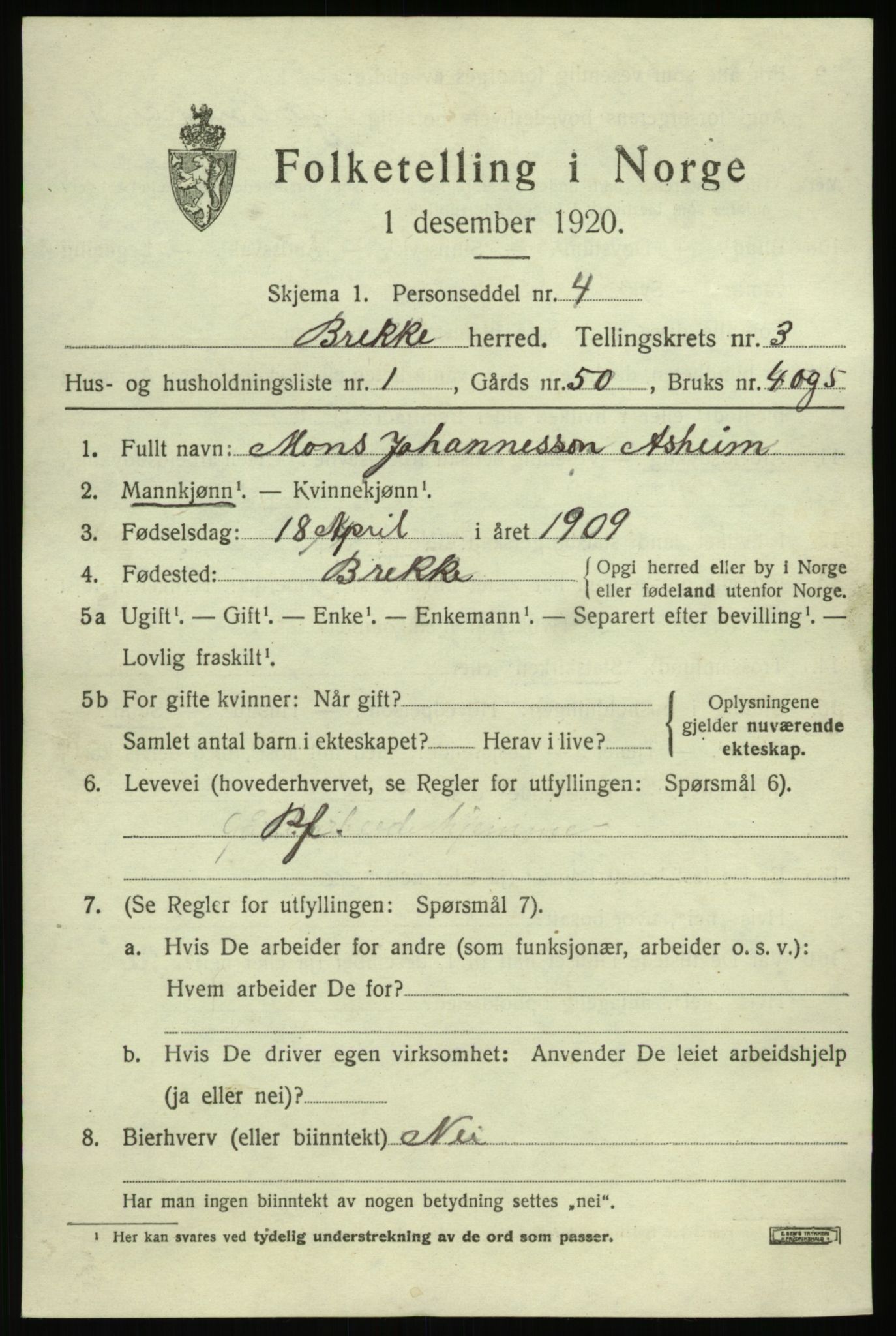 SAB, 1920 census for Brekke, 1920, p. 704