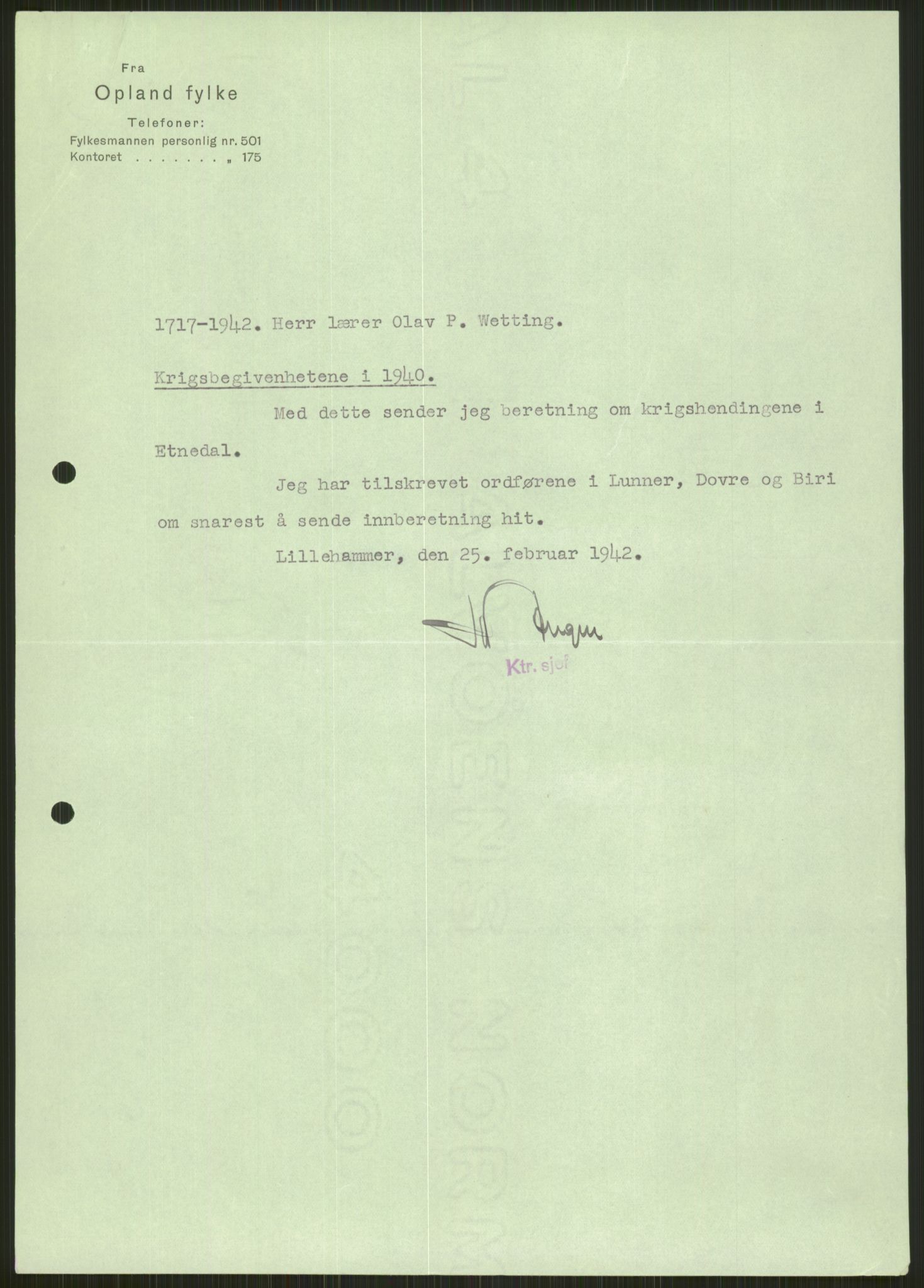 Forsvaret, Forsvarets krigshistoriske avdeling, AV/RA-RAFA-2017/Y/Ya/L0014: II-C-11-31 - Fylkesmenn.  Rapporter om krigsbegivenhetene 1940., 1940, p. 148