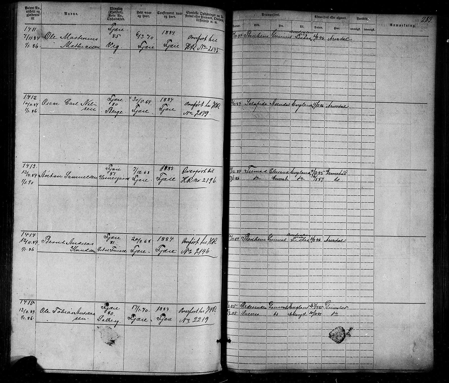 Grimstad mønstringskrets, SAK/2031-0013/F/Fa/L0005: Annotasjonsrulle nr 1-1910 med register, V-18, 1870-1892, p. 321