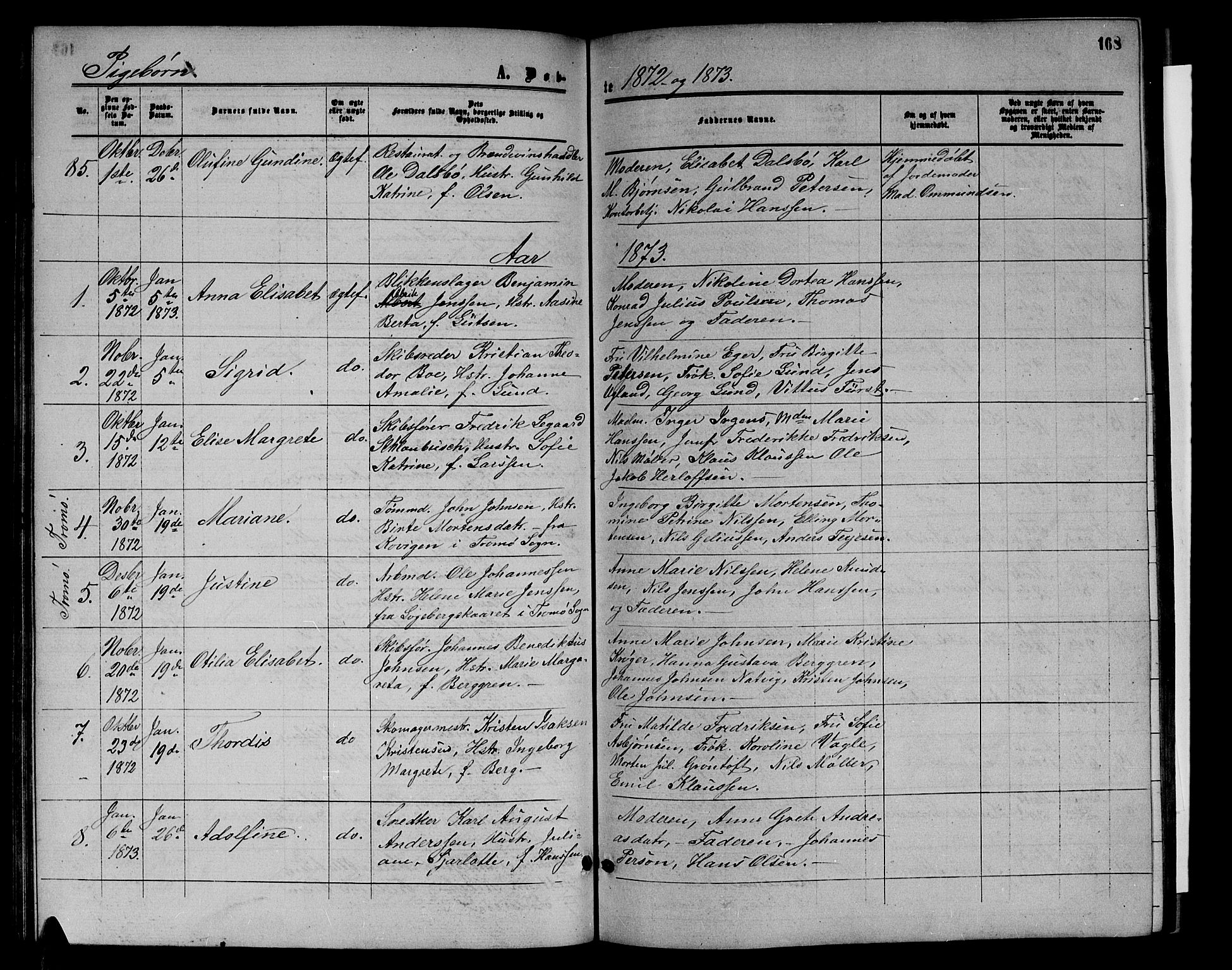Arendal sokneprestkontor, Trefoldighet, SAK/1111-0040/F/Fb/L0004: Parish register (copy) no. B 4, 1861-1873, p. 168