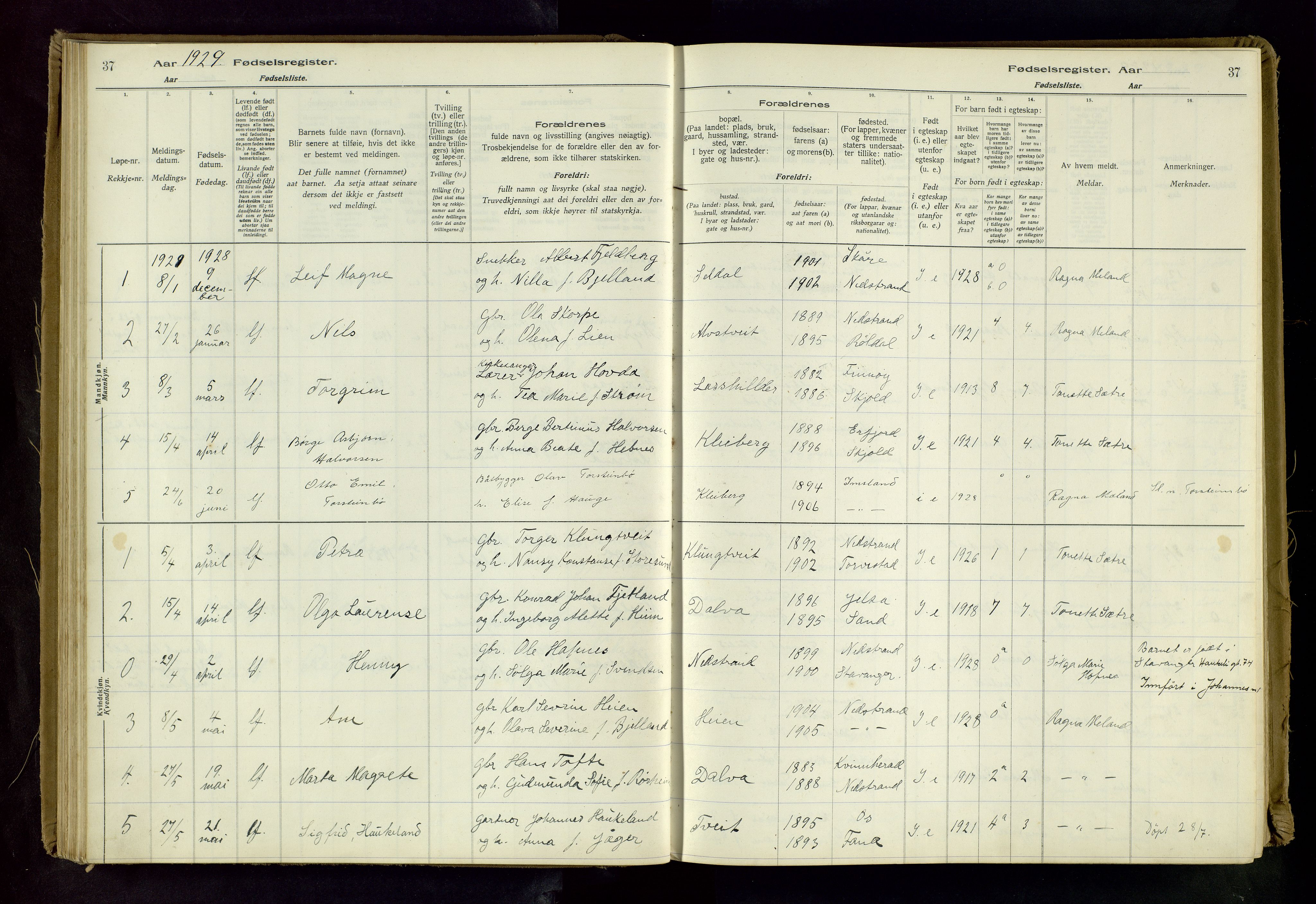 Nedstrand sokneprestkontor, AV/SAST-A-101841/03/C/L0001: Birth register no. 1, 1916-1981, p. 37