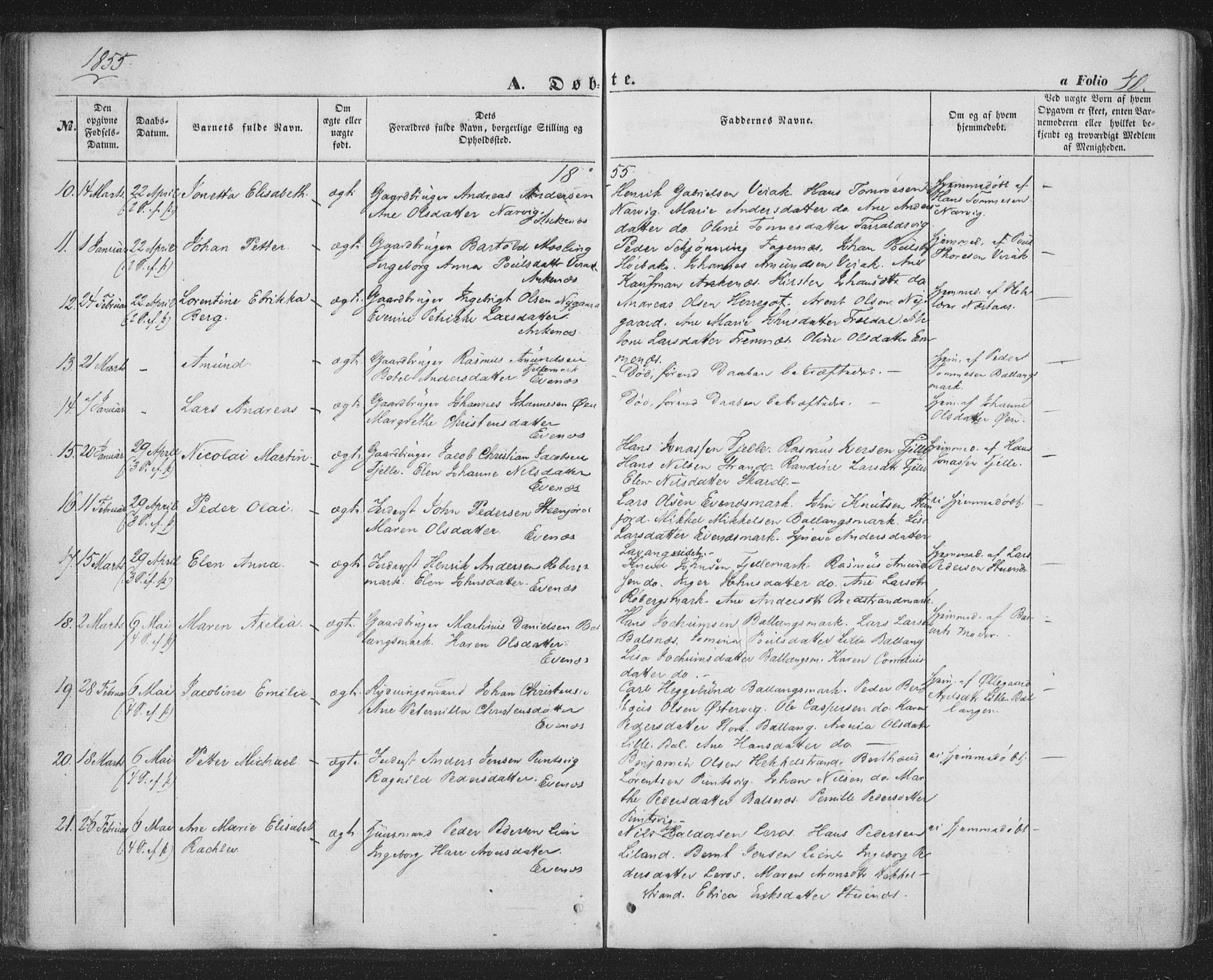 Ministerialprotokoller, klokkerbøker og fødselsregistre - Nordland, AV/SAT-A-1459/863/L0895: Parish register (official) no. 863A07, 1851-1860, p. 40