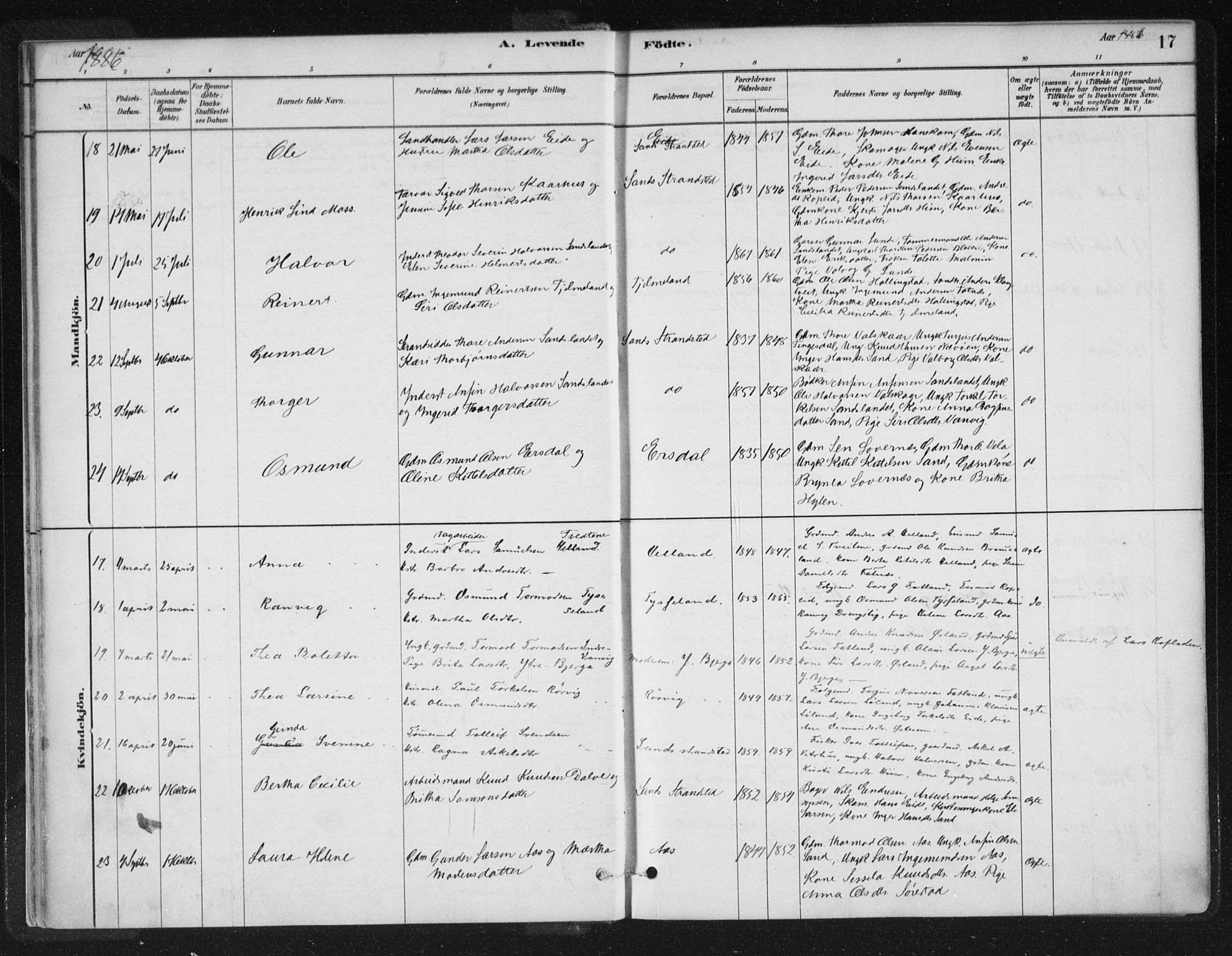 Sand sokneprestkontor, SAST/A-101848/01/III/L0005: Parish register (official) no. A 5, 1880-1898, p. 17