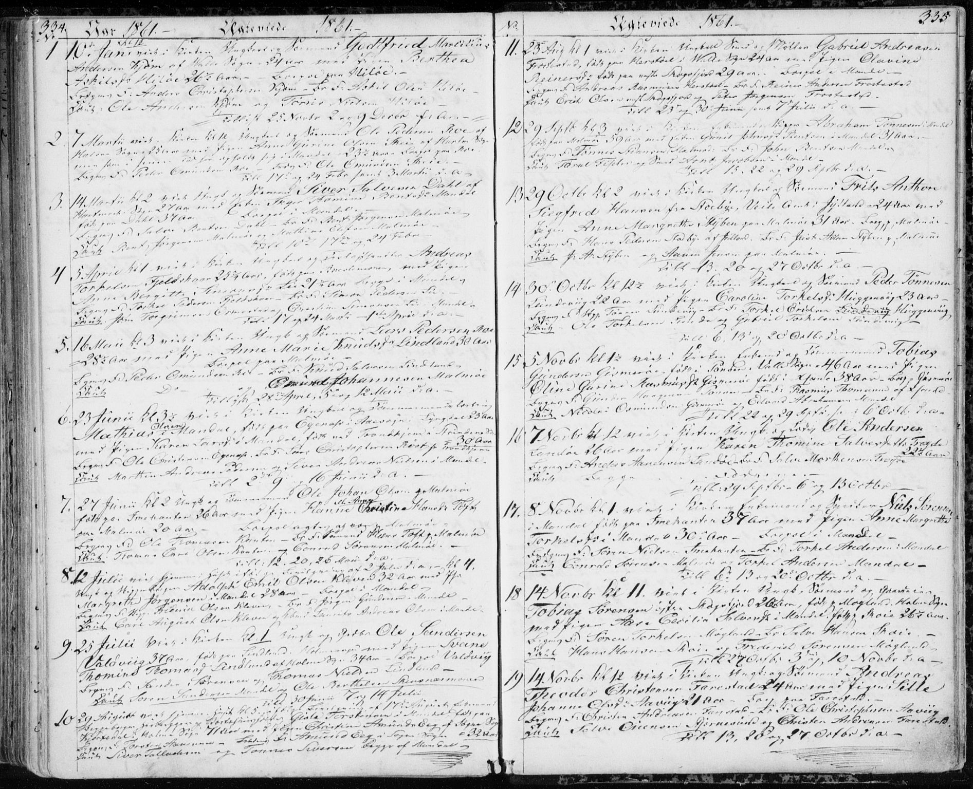 Mandal sokneprestkontor, AV/SAK-1111-0030/F/Fb/Fba/L0008: Parish register (copy) no. B 2, 1854-1868, p. 334-335