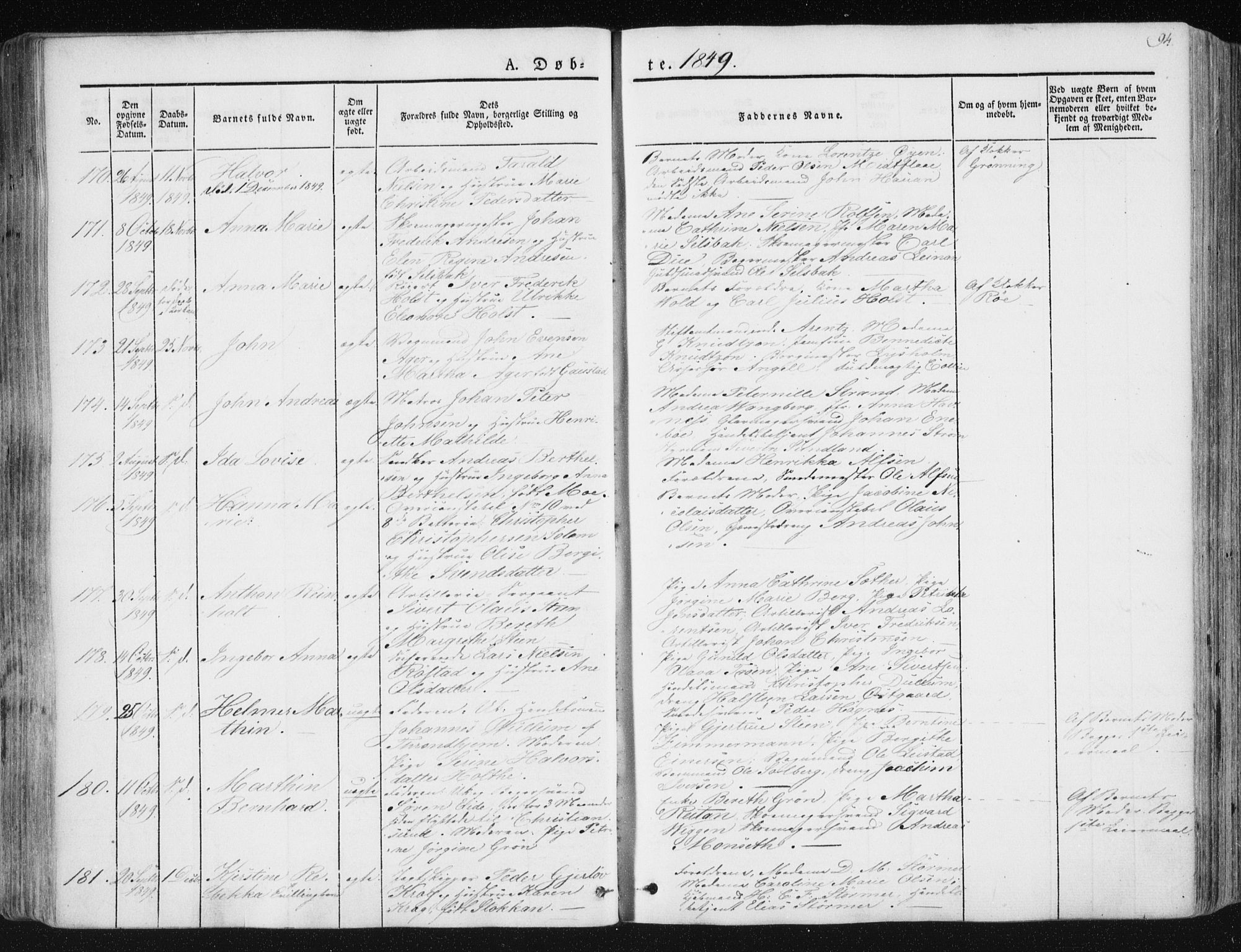 Ministerialprotokoller, klokkerbøker og fødselsregistre - Sør-Trøndelag, AV/SAT-A-1456/602/L0110: Parish register (official) no. 602A08, 1840-1854, p. 94