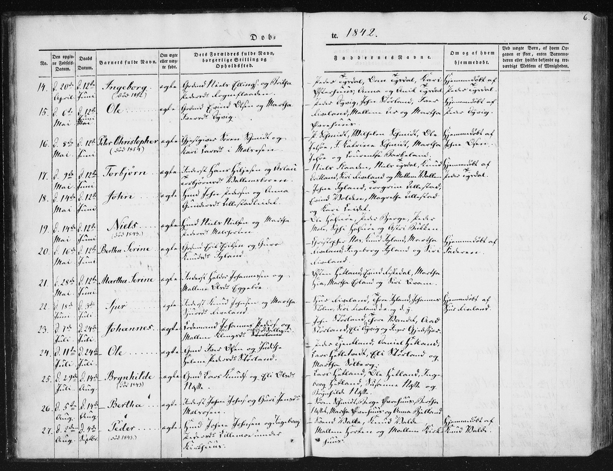 Hjelmeland sokneprestkontor, AV/SAST-A-101843/01/IV/L0008: Parish register (official) no. A 8, 1842-1861, p. 6