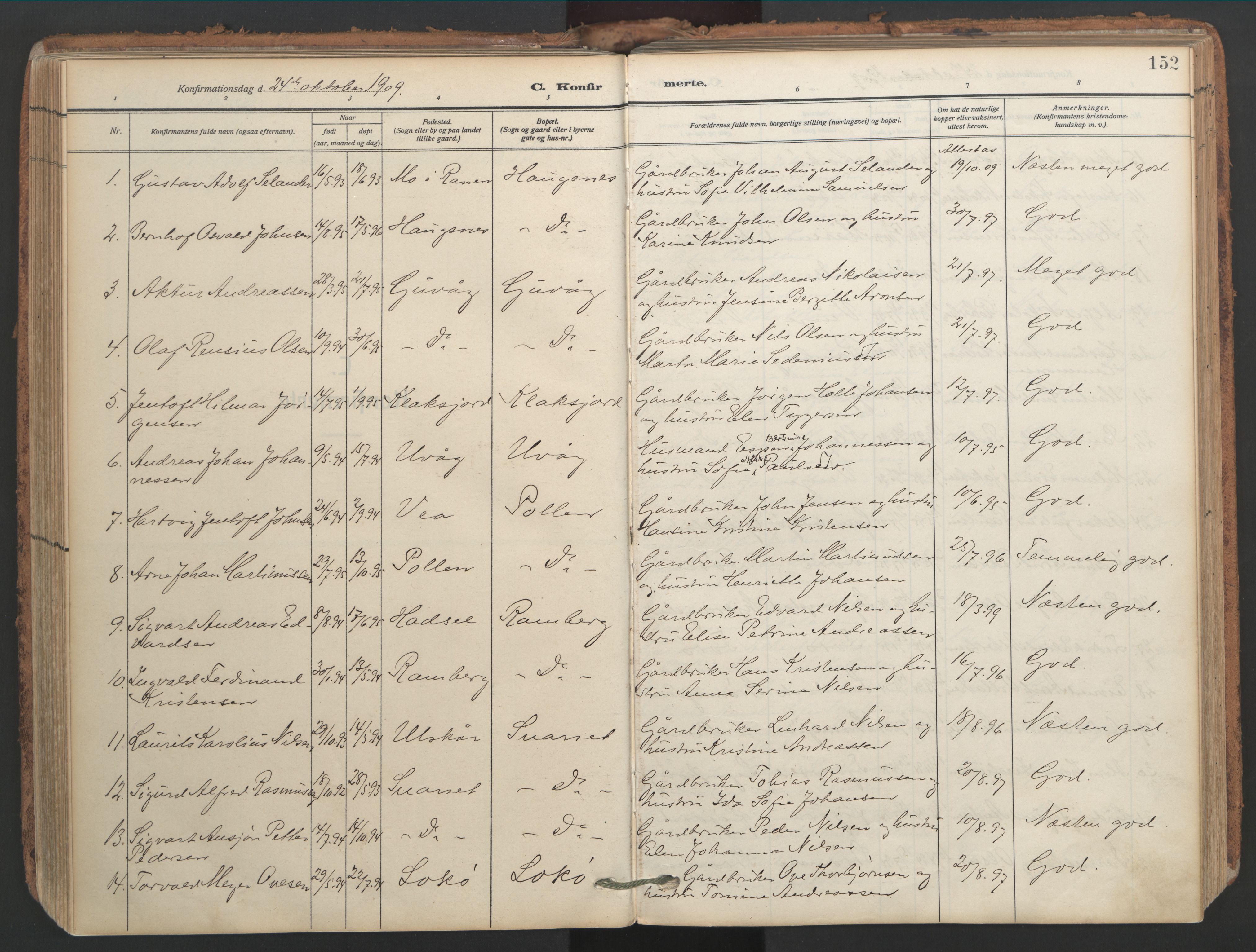 Ministerialprotokoller, klokkerbøker og fødselsregistre - Nordland, AV/SAT-A-1459/891/L1306: Parish register (official) no. 891A11, 1911-1927, p. 152
