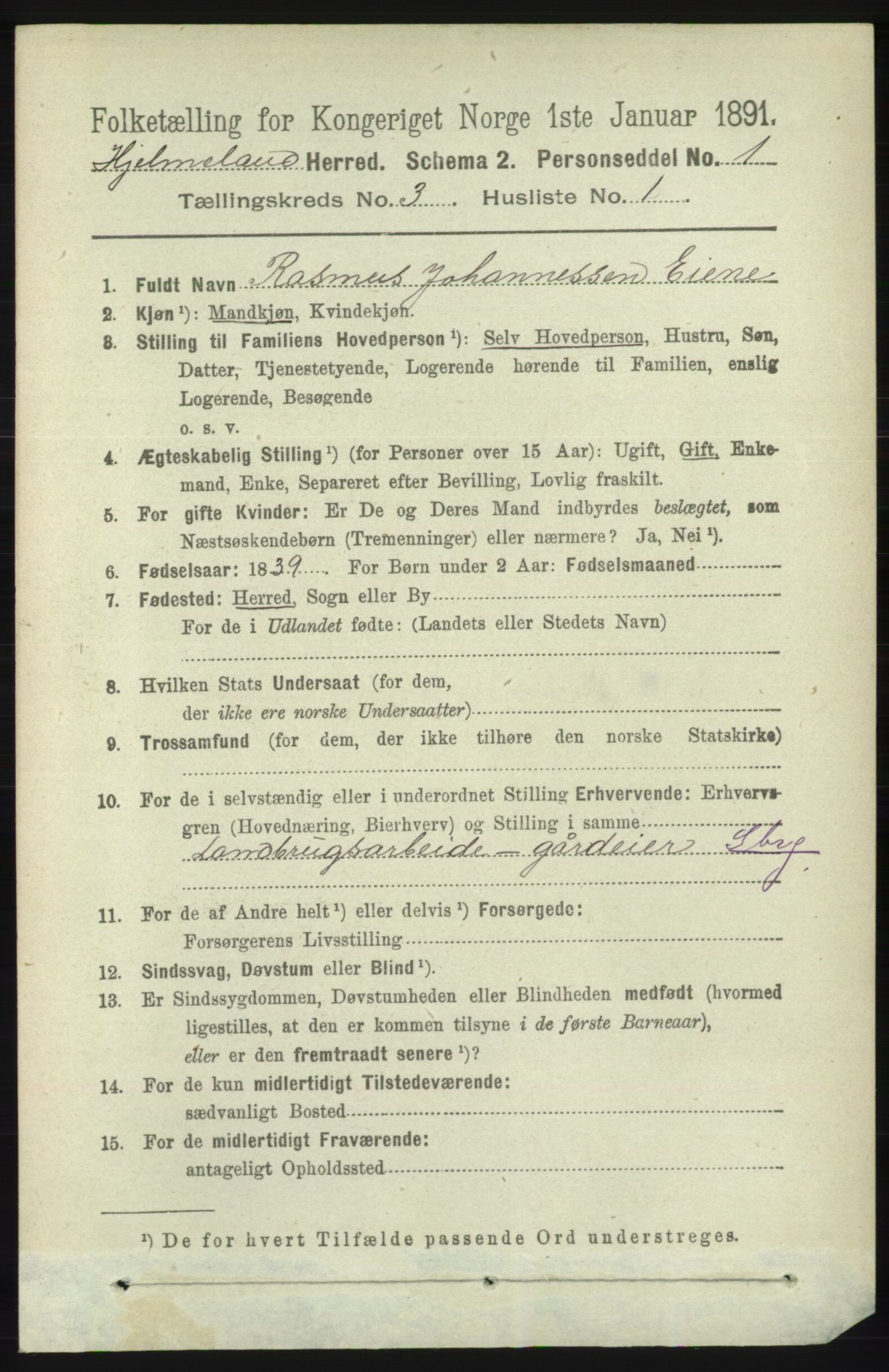RA, 1891 census for 1133 Hjelmeland, 1891, p. 737