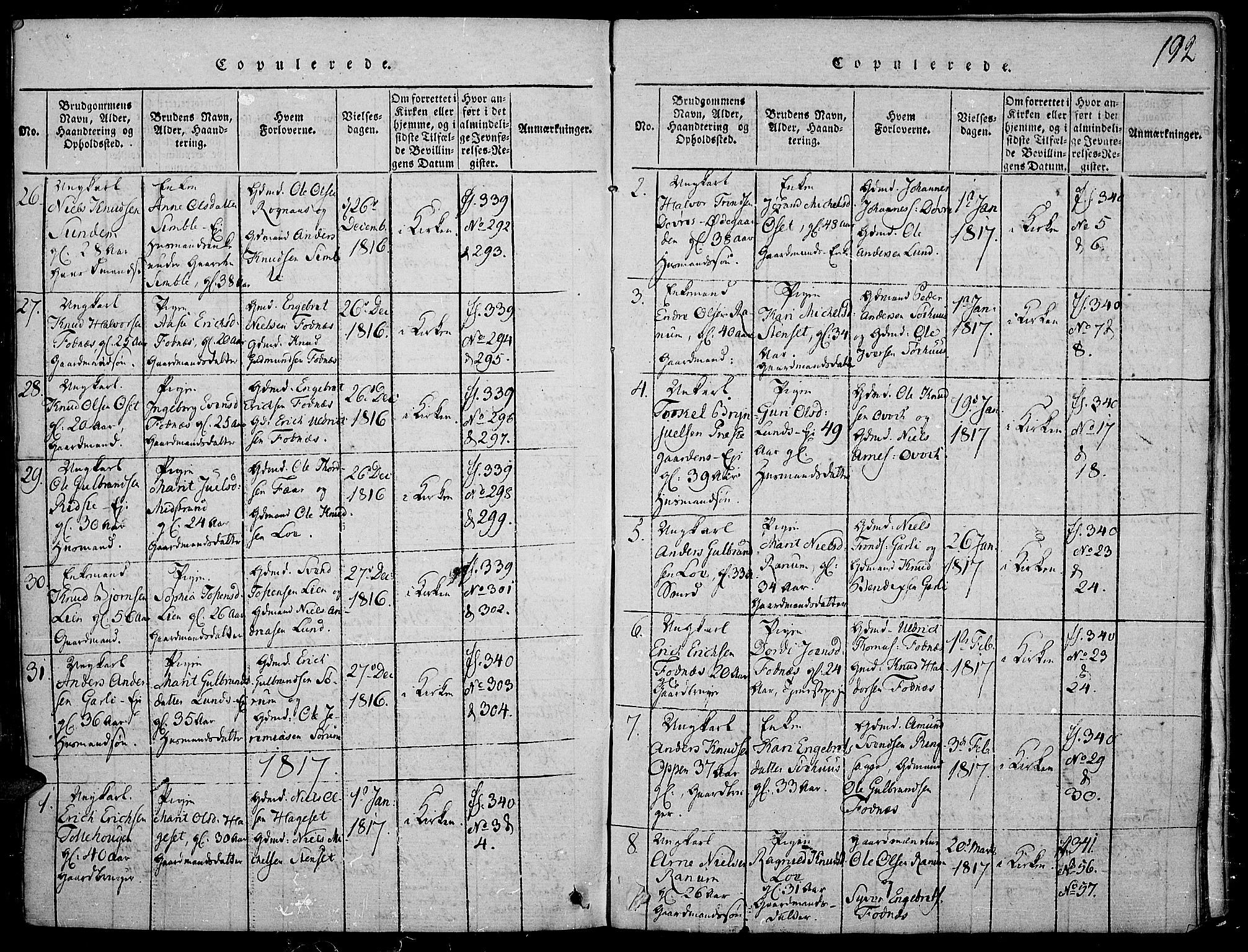 Nord-Aurdal prestekontor, SAH/PREST-132/H/Ha/Haa/L0002: Parish register (official) no. 2, 1816-1828, p. 192