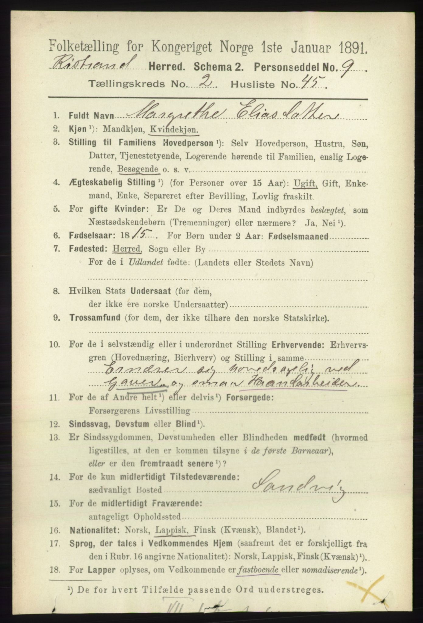 RA, 1891 census for 2020 Kistrand, 1891, p. 849