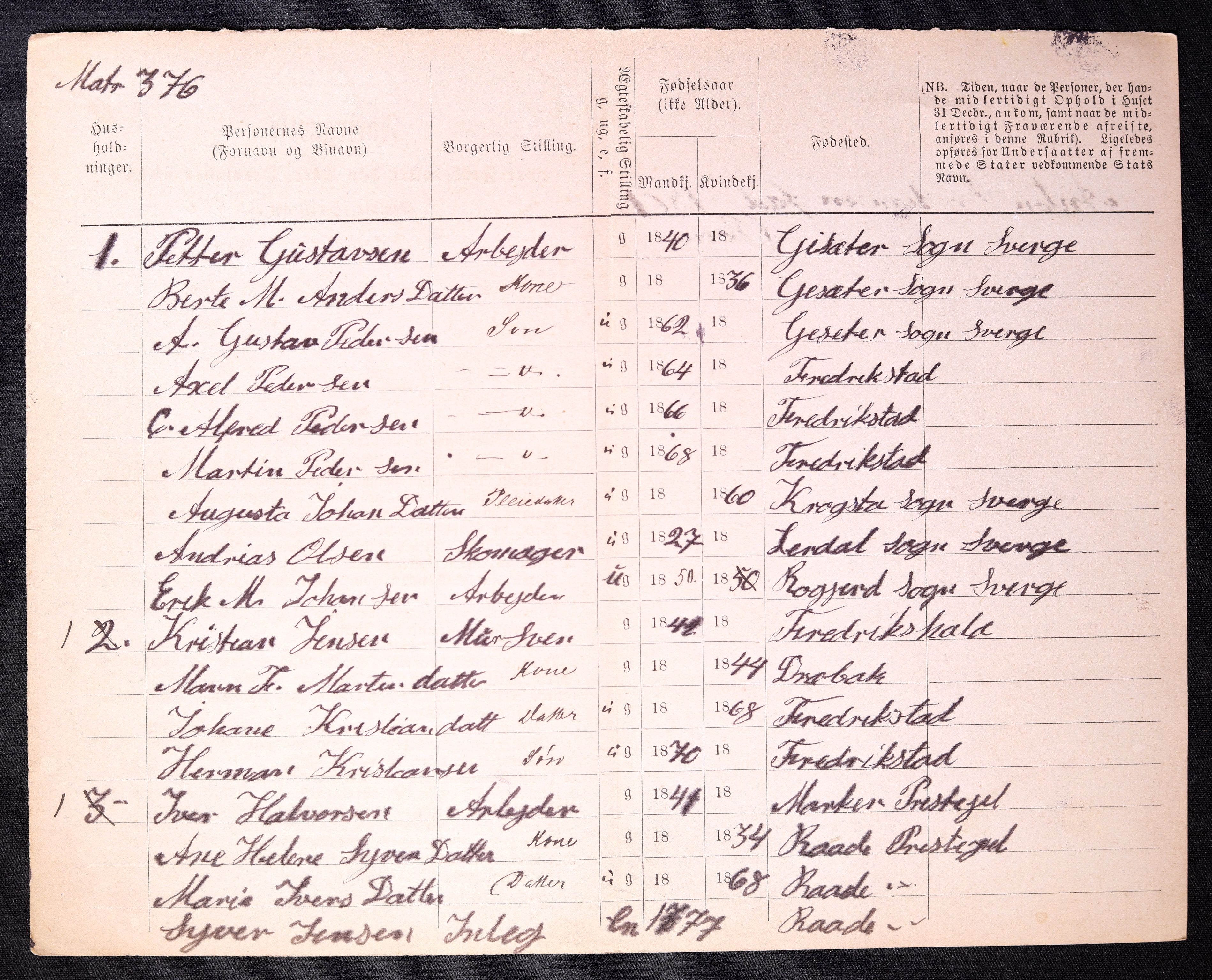 RA, 1870 census for 0103 Fredrikstad, 1870, p. 1176