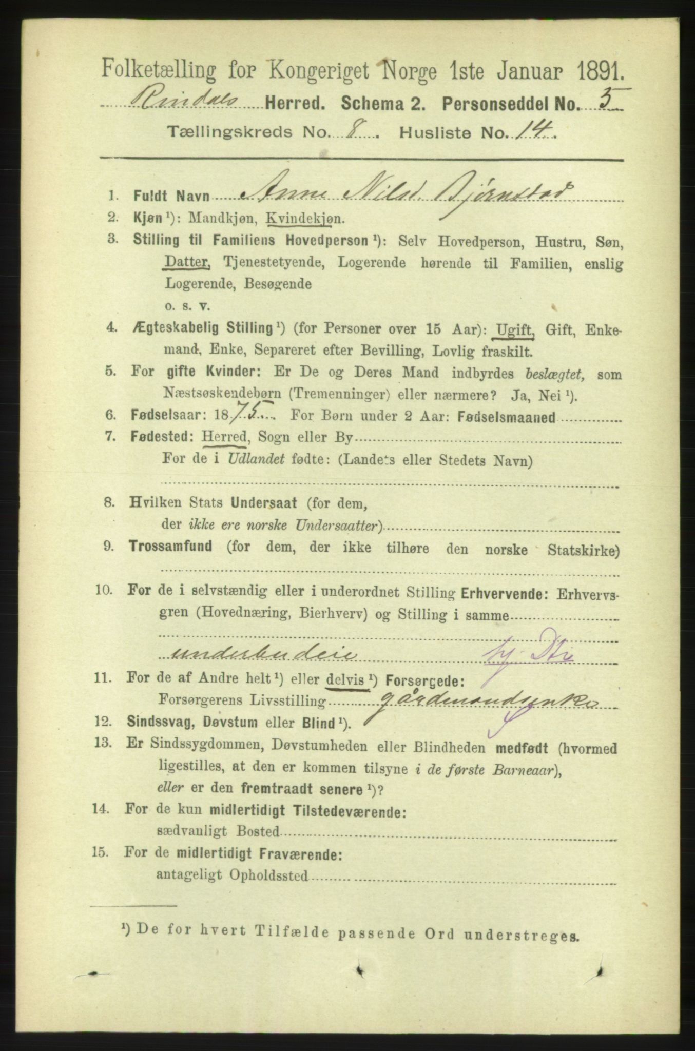 RA, 1891 census for 1567 Rindal, 1891, p. 2574