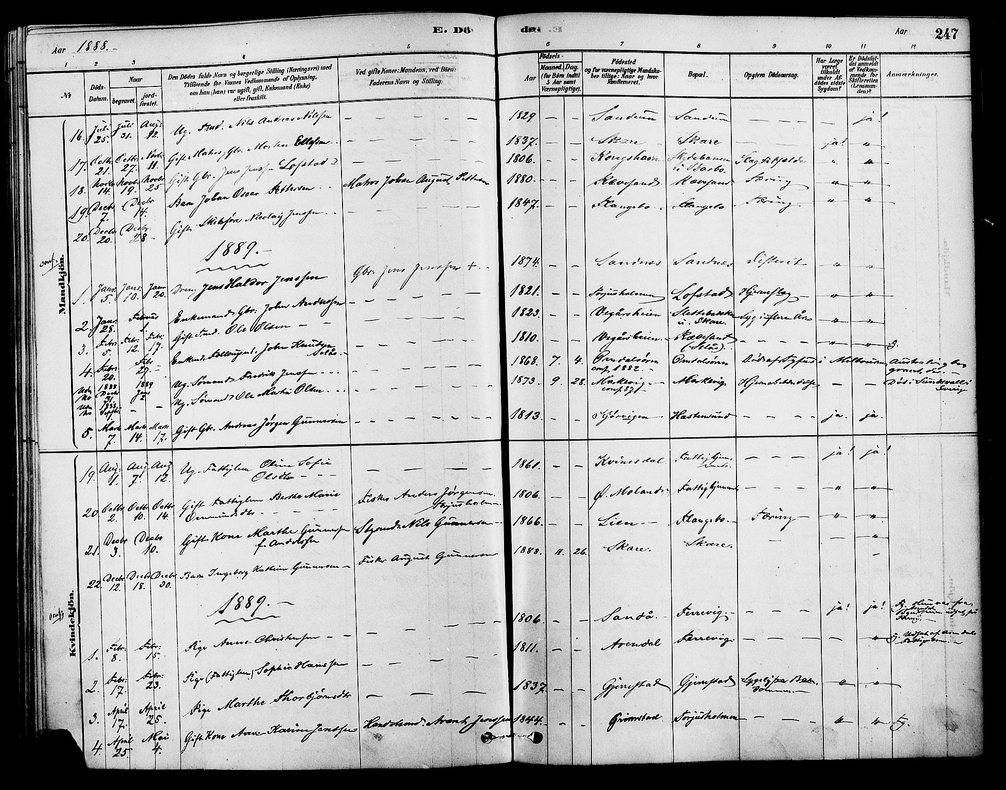 Tromøy sokneprestkontor, AV/SAK-1111-0041/F/Fa/L0009: Parish register (official) no. A 9, 1878-1896, p. 247