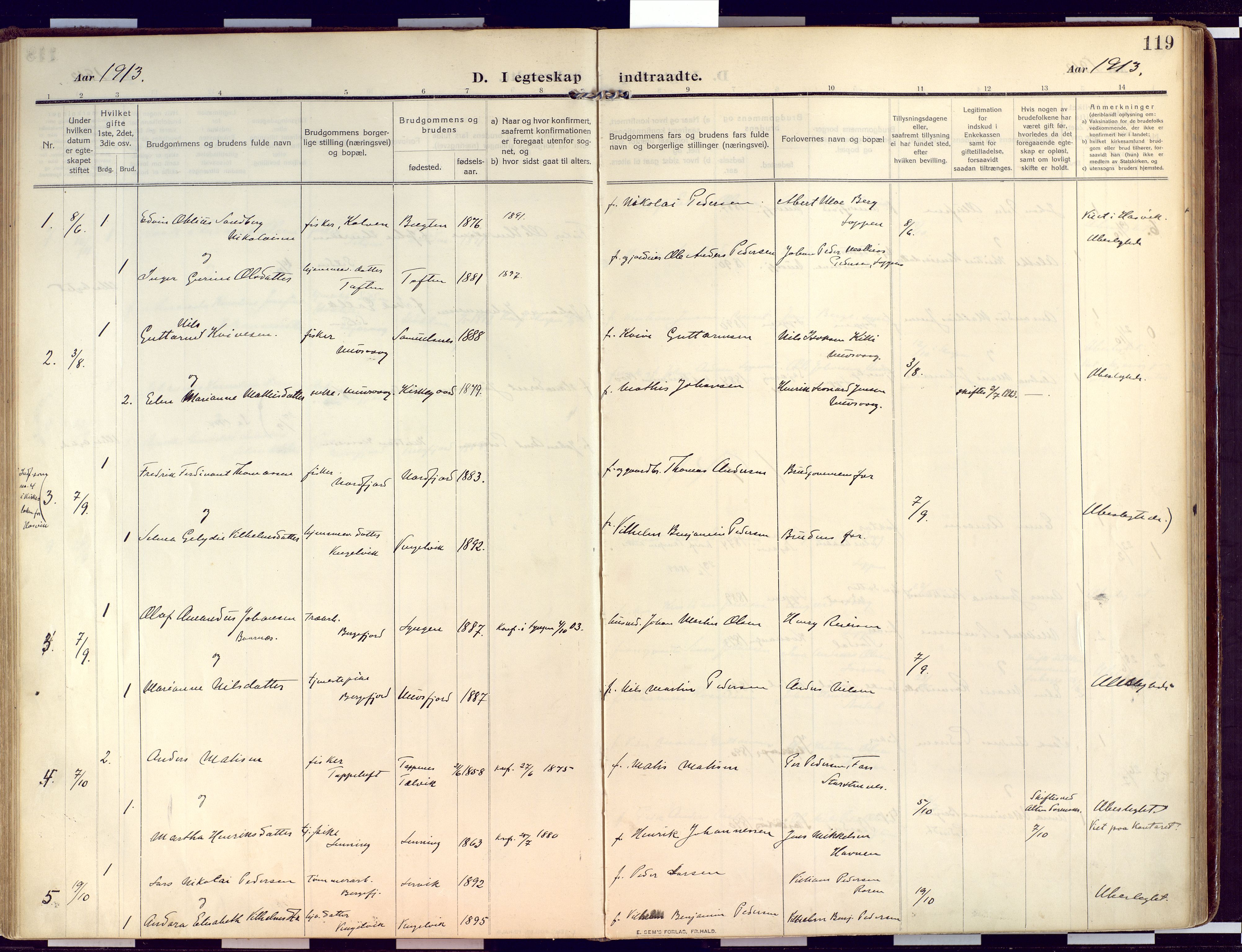 Loppa sokneprestkontor, SATØ/S-1339/H/Ha/L0011kirke: Parish register (official) no. 11, 1909-1919, p. 119
