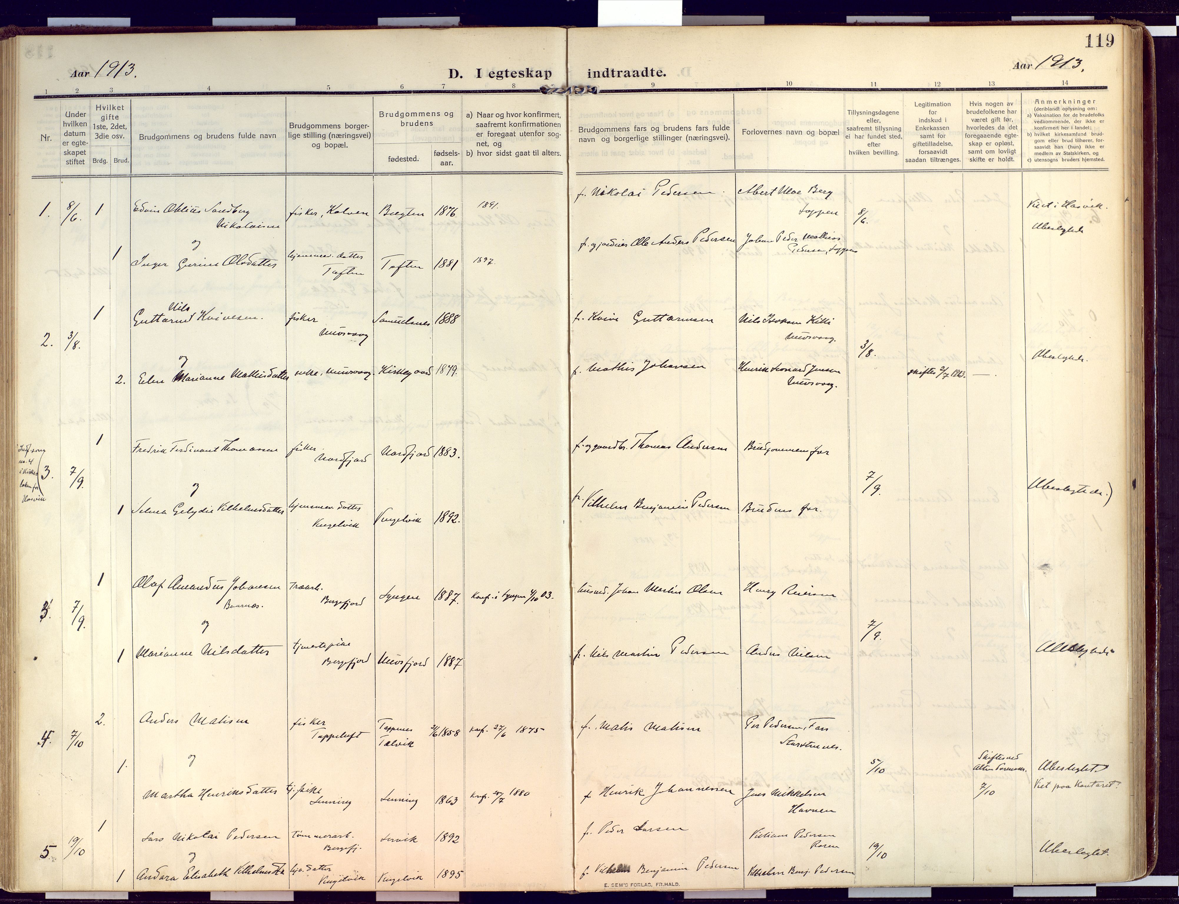Loppa sokneprestkontor, AV/SATØ-S-1339/H/Ha/L0011kirke: Parish register (official) no. 11, 1909-1919, p. 119