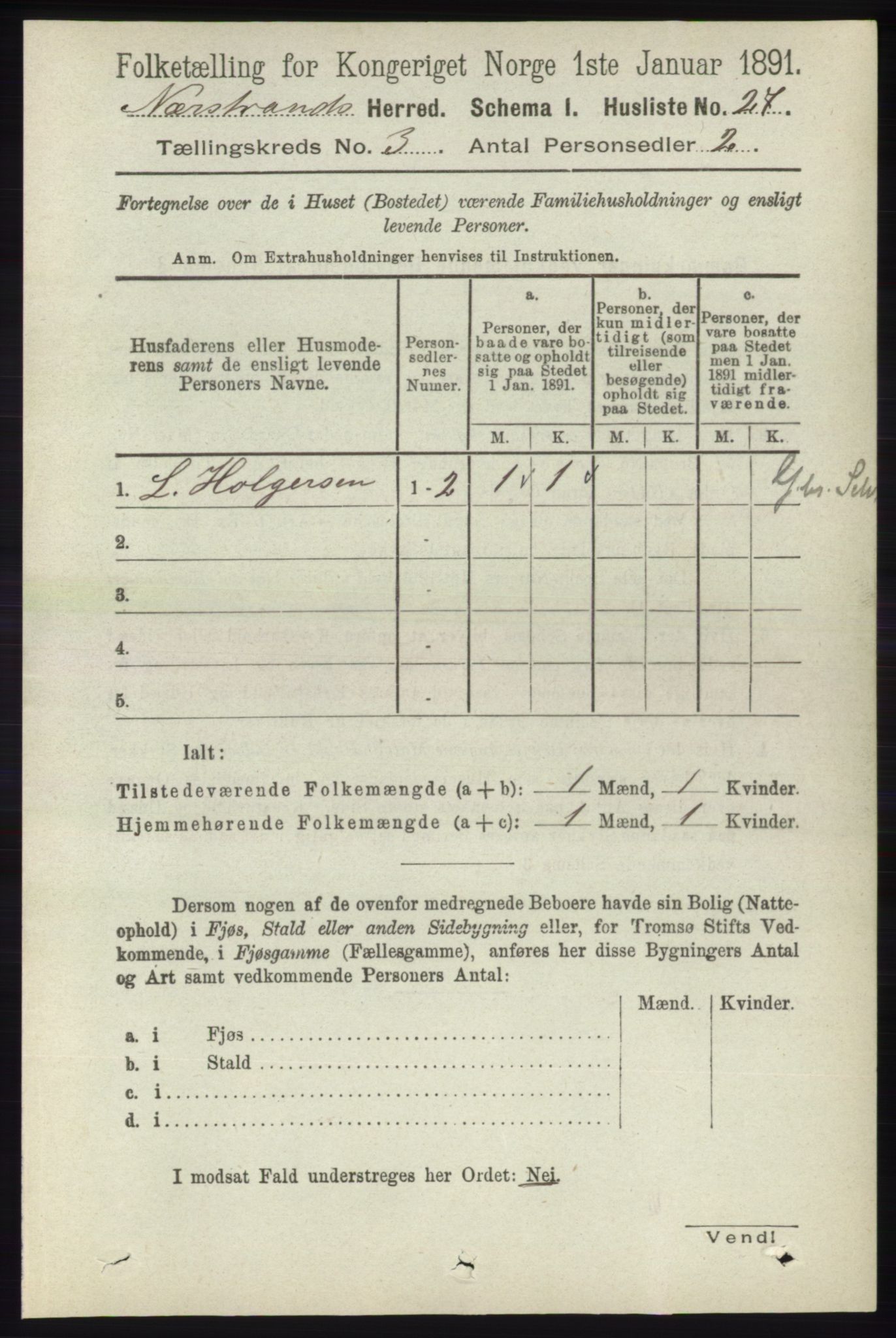 RA, 1891 census for 1139 Nedstrand, 1891, p. 441