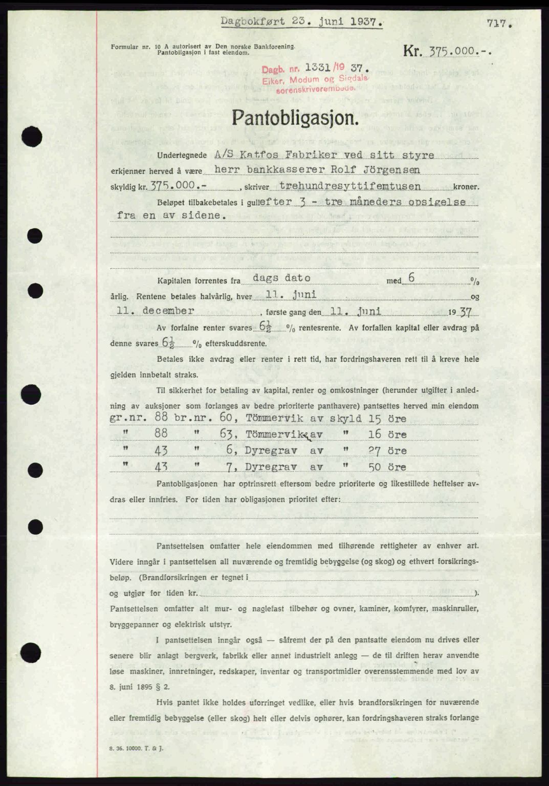Eiker, Modum og Sigdal sorenskriveri, SAKO/A-123/G/Ga/Gab/L0035: Mortgage book no. A5, 1937-1937, Diary no: : 1331/1937