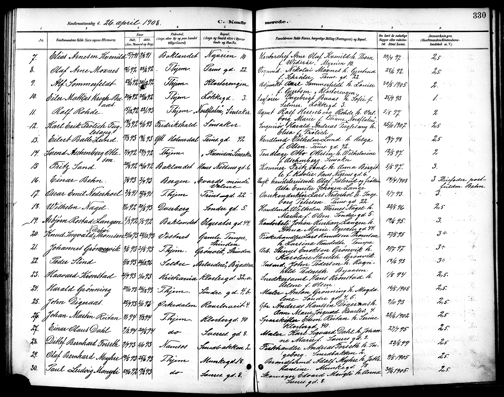Ministerialprotokoller, klokkerbøker og fødselsregistre - Sør-Trøndelag, SAT/A-1456/601/L0094: Parish register (copy) no. 601C12, 1898-1911, p. 330
