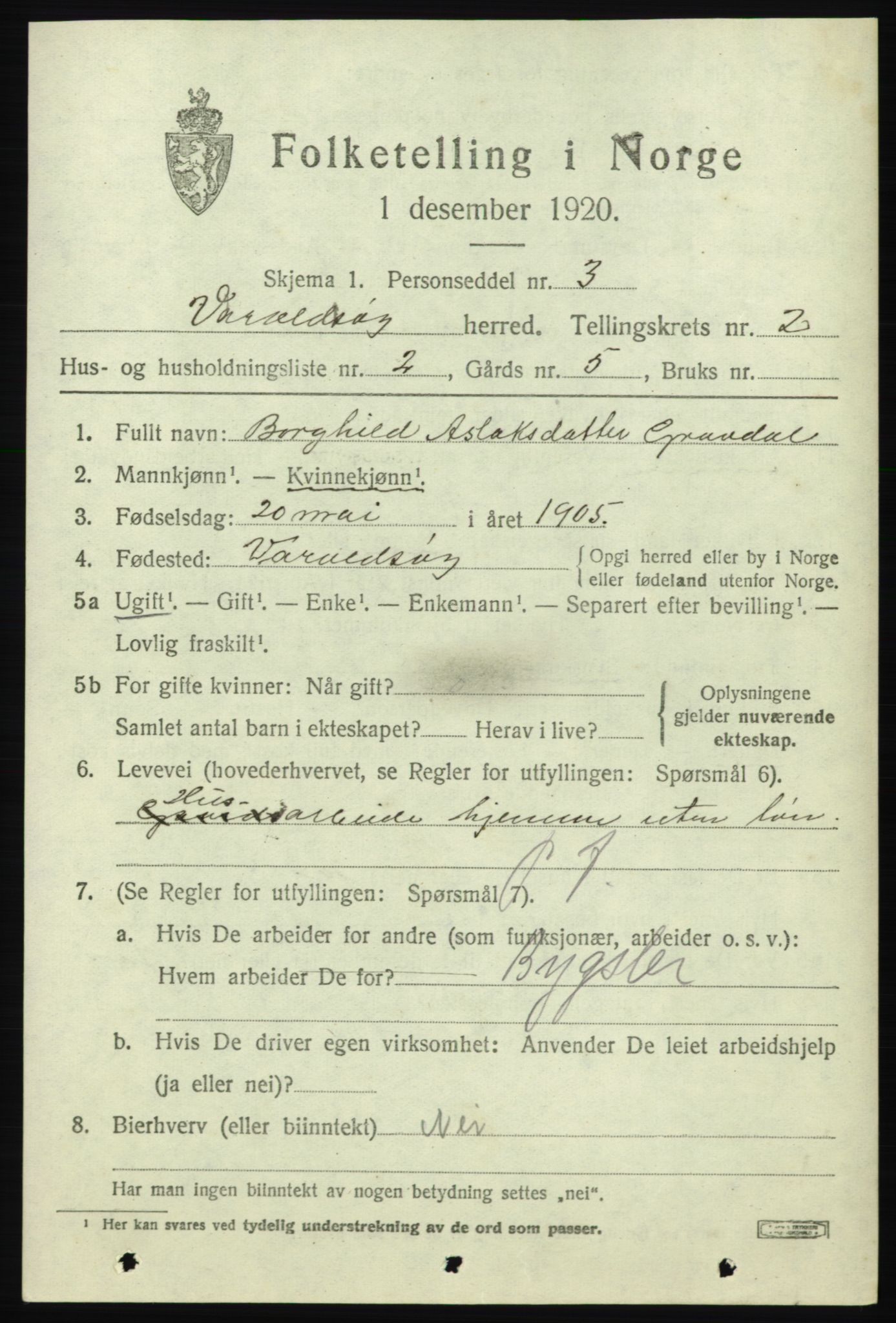 SAB, 1920 census for Varaldsøy, 1920, p. 751