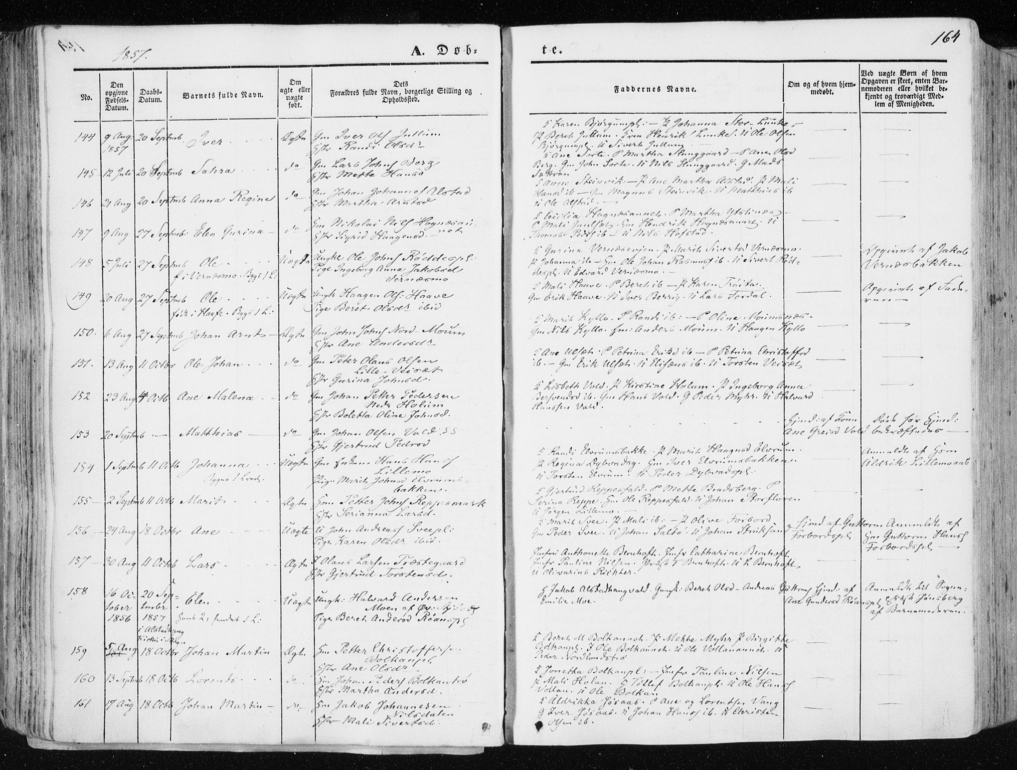 Ministerialprotokoller, klokkerbøker og fødselsregistre - Nord-Trøndelag, AV/SAT-A-1458/709/L0074: Parish register (official) no. 709A14, 1845-1858, p. 164