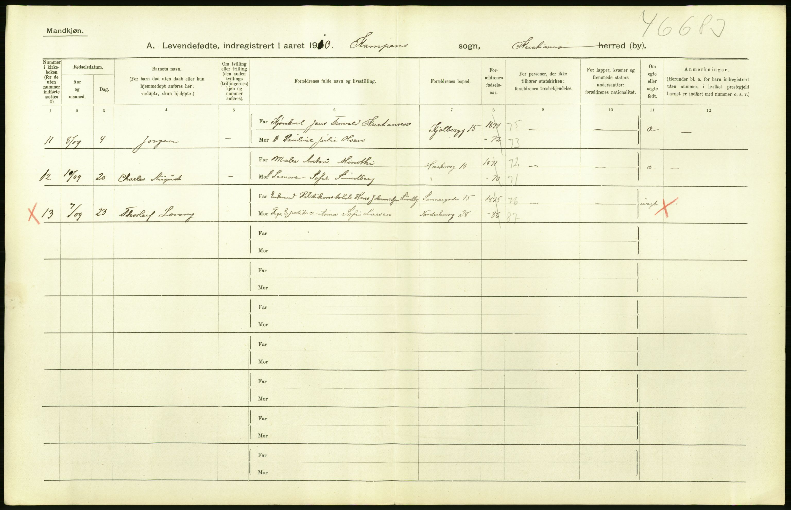 Statistisk sentralbyrå, Sosiodemografiske emner, Befolkning, RA/S-2228/D/Df/Dfa/Dfah/L0006: Kristiania: Levendefødte menn., 1910, p. 360