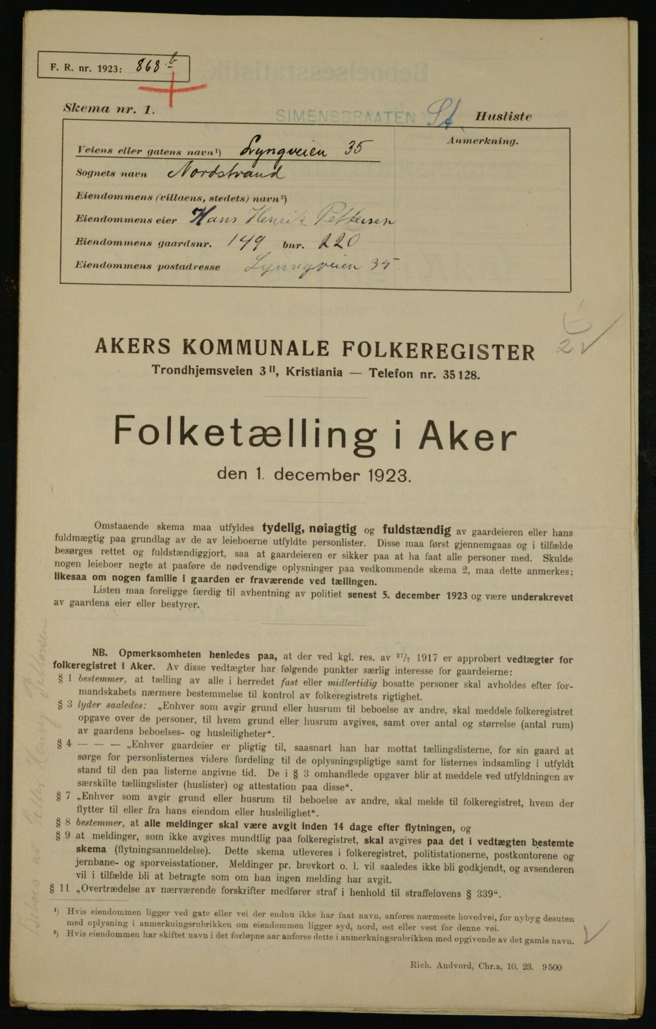 , Municipal Census 1923 for Aker, 1923, p. 42000