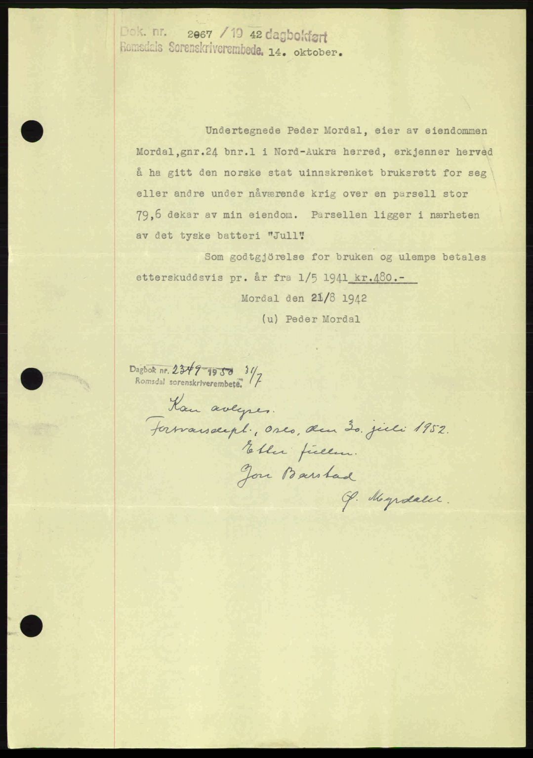 Romsdal sorenskriveri, AV/SAT-A-4149/1/2/2C: Mortgage book no. A13, 1942-1943, Diary no: : 2067/1942