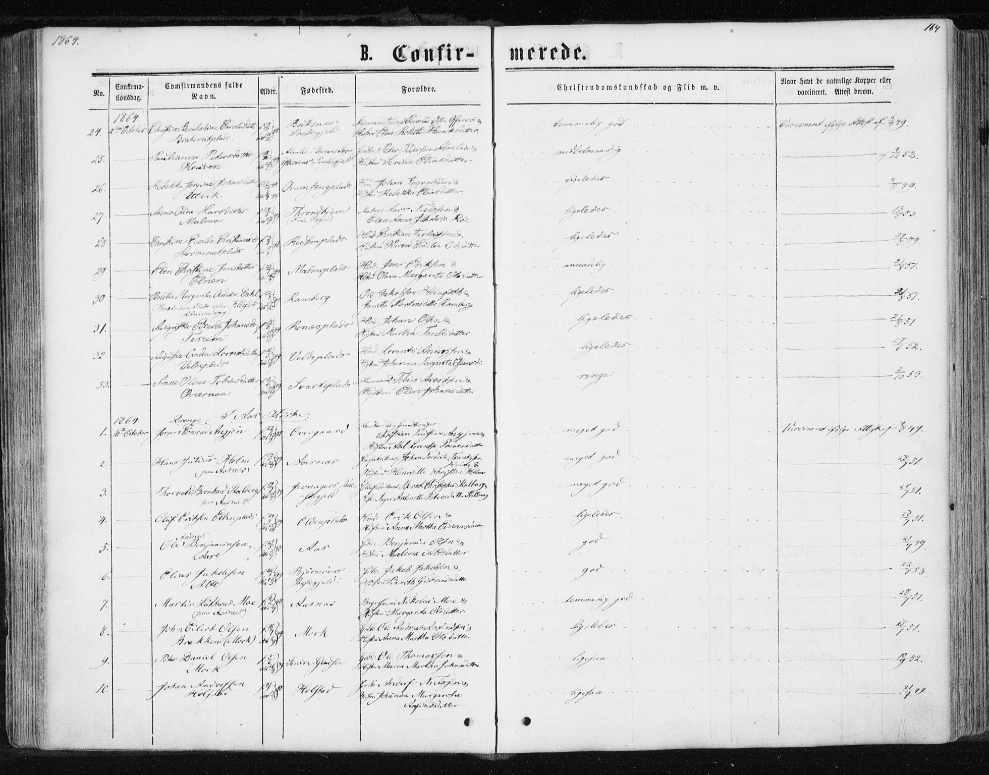 Ministerialprotokoller, klokkerbøker og fødselsregistre - Nord-Trøndelag, AV/SAT-A-1458/741/L0394: Parish register (official) no. 741A08, 1864-1877, p. 164