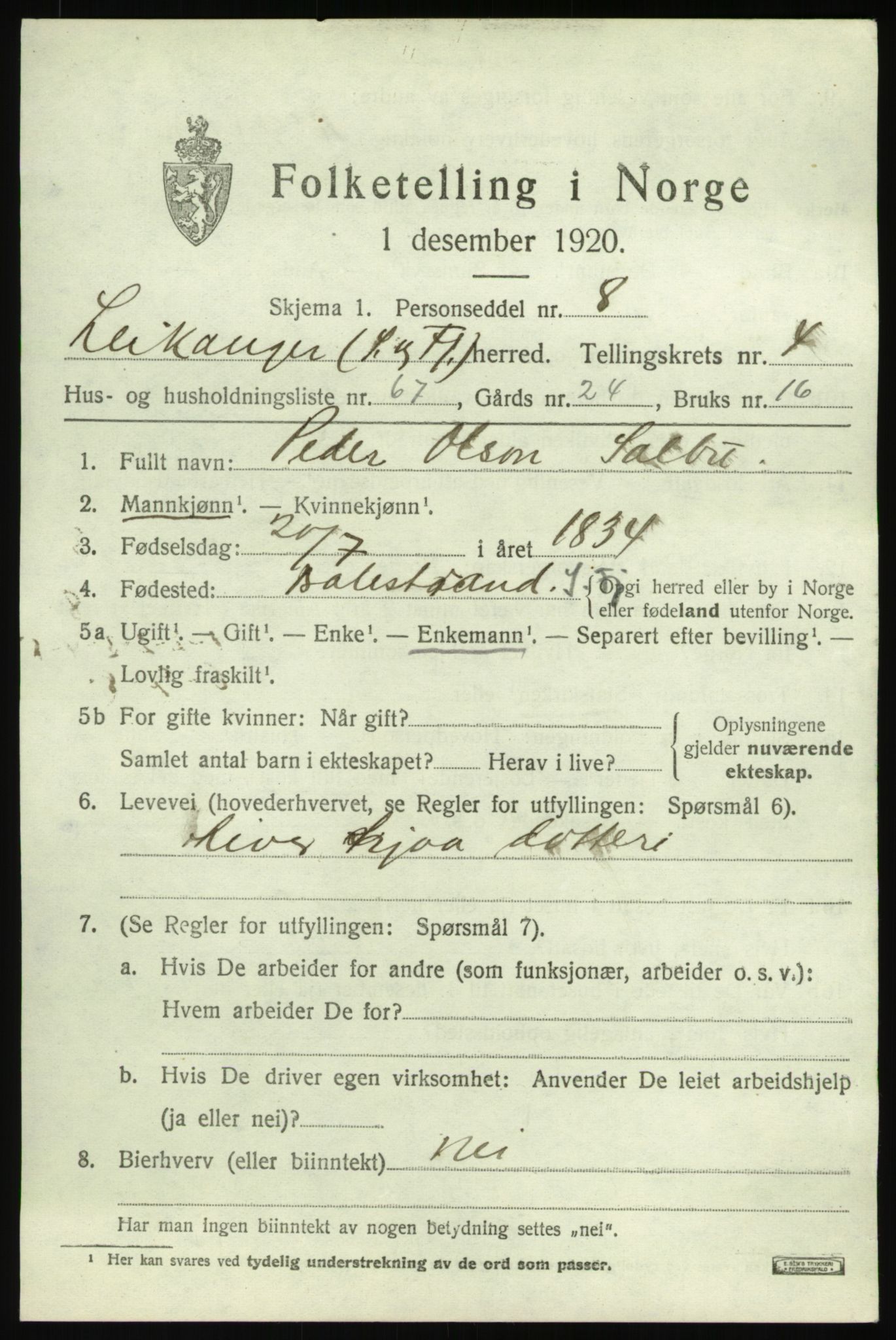 SAB, 1920 census for Leikanger, 1920, p. 3582