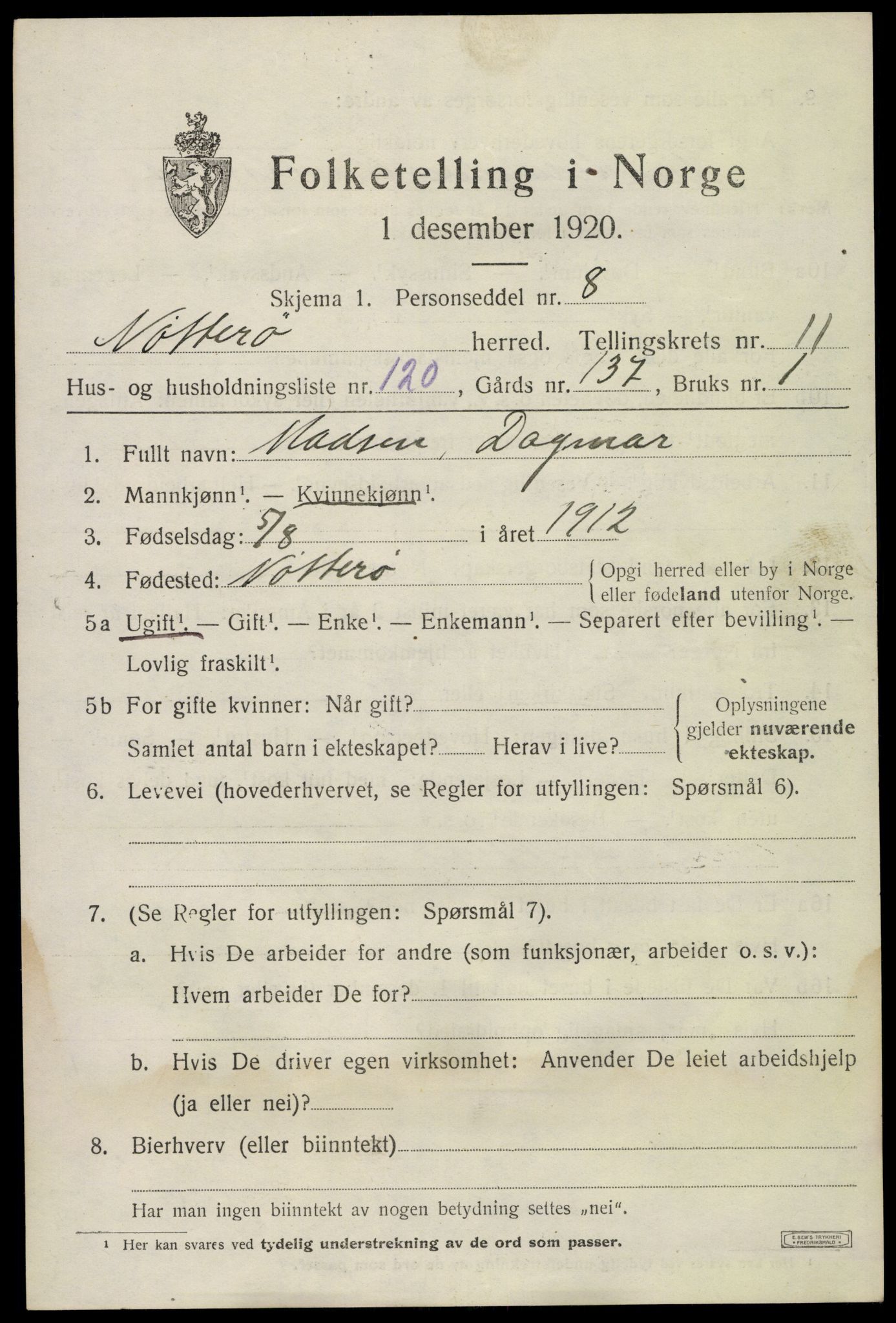 SAKO, 1920 census for Nøtterøy, 1920, p. 14661