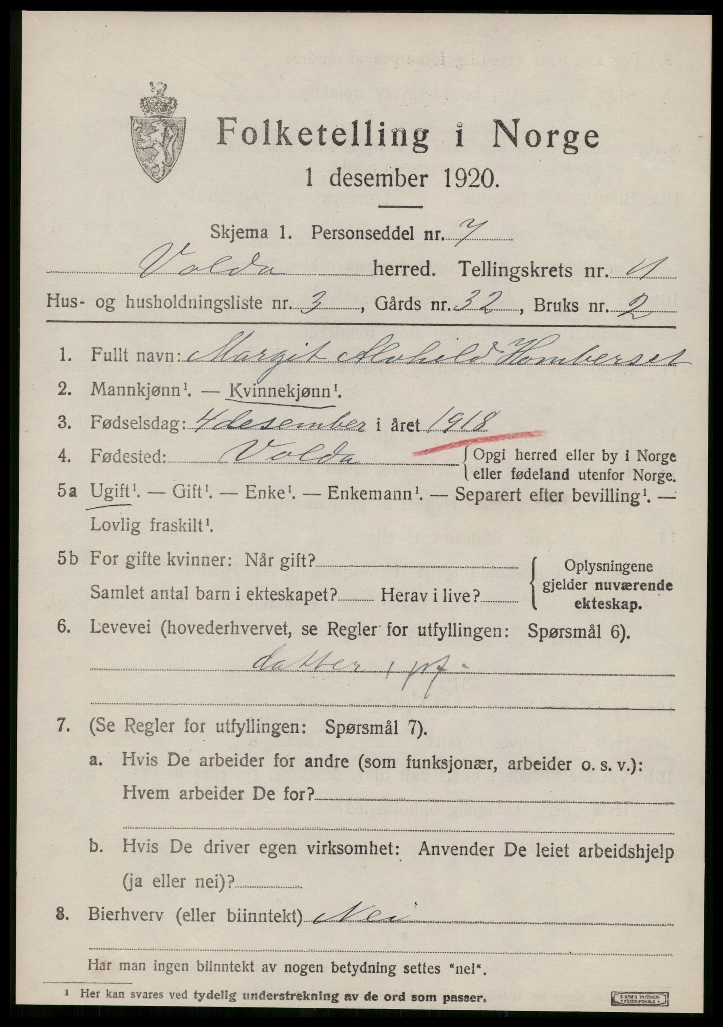 SAT, 1920 census for Volda, 1920, p. 7966