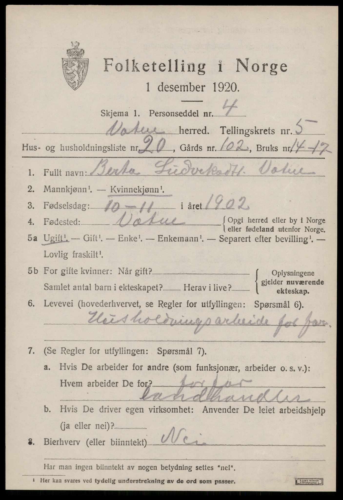 SAT, 1920 census for Vatne, 1920, p. 2418