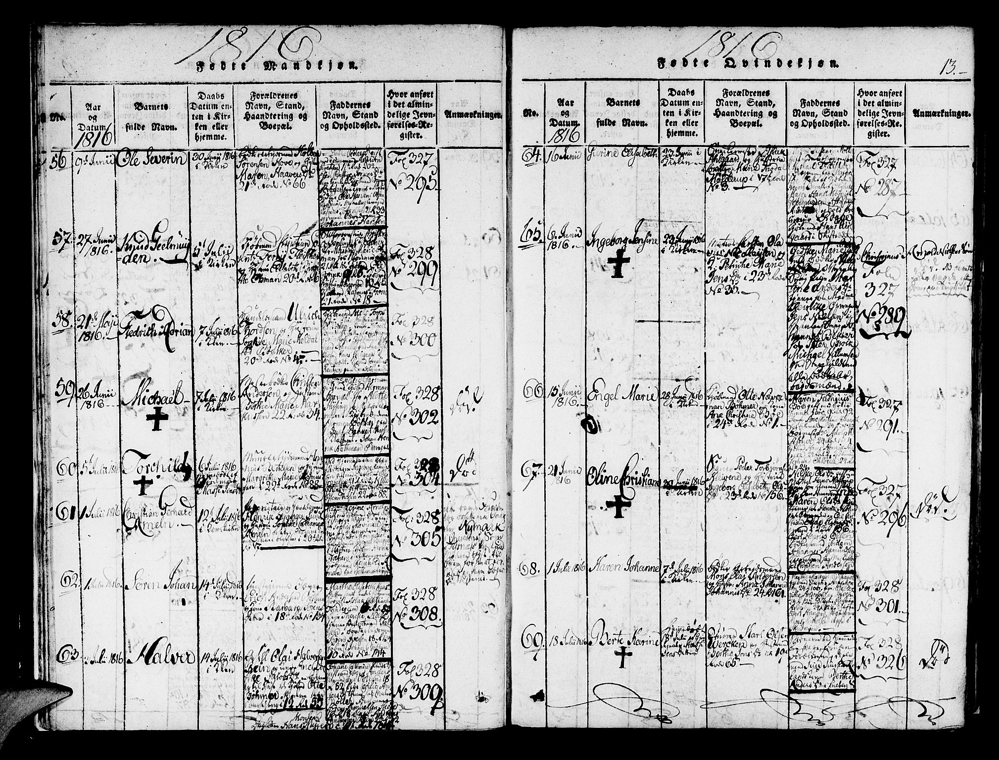 Korskirken sokneprestembete, SAB/A-76101/H/Haa/L0013: Parish register (official) no. A 13, 1815-1822, p. 13