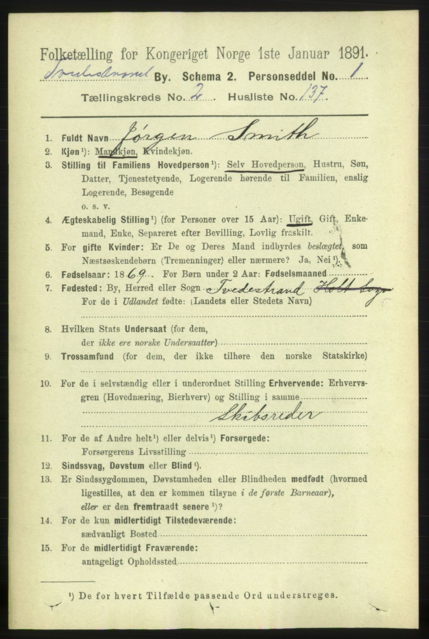 RA, 1891 census for 0902 Tvedestrand, 1891, p. 2439