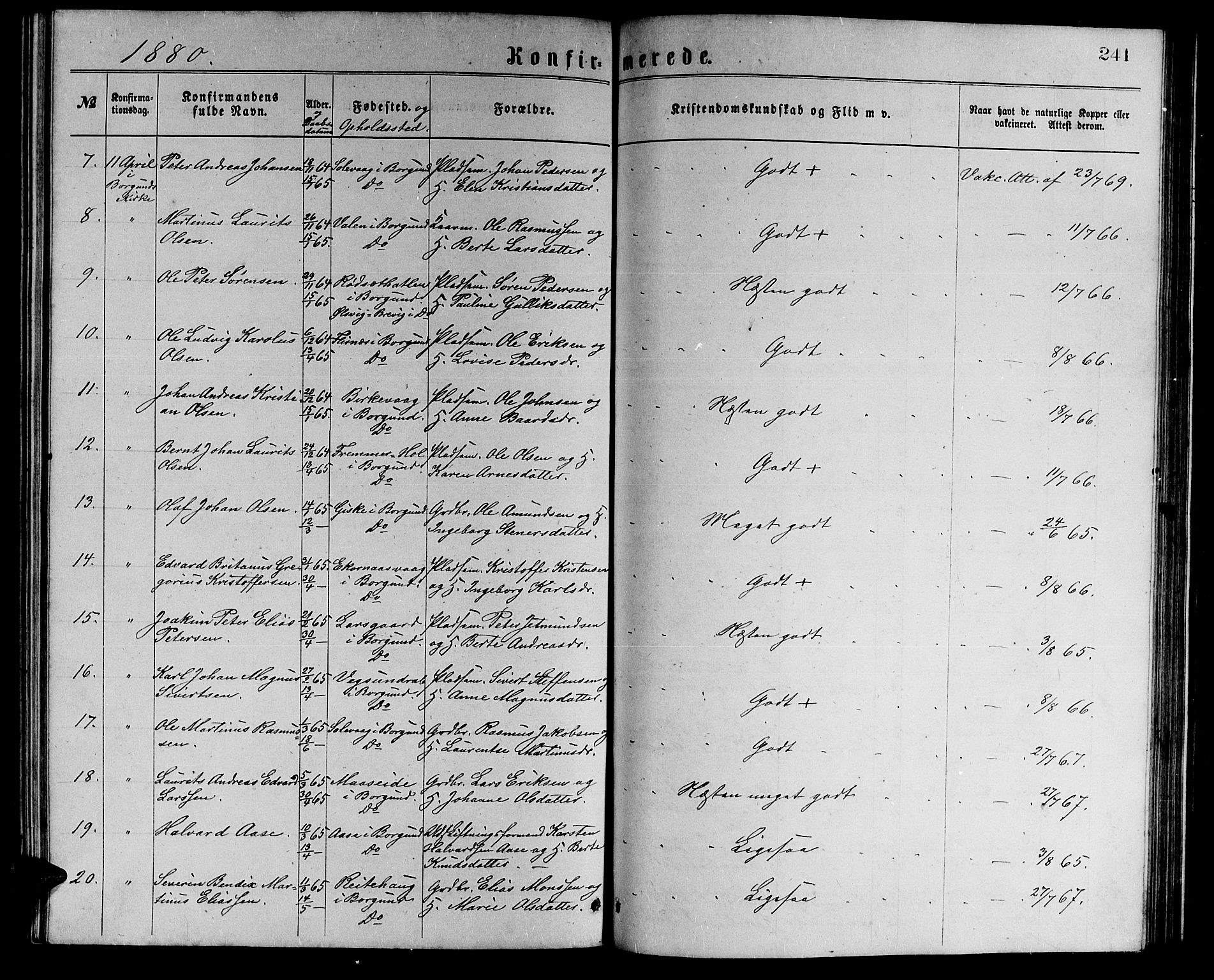 Ministerialprotokoller, klokkerbøker og fødselsregistre - Møre og Romsdal, AV/SAT-A-1454/528/L0429: Parish register (copy) no. 528C10, 1872-1886, p. 241