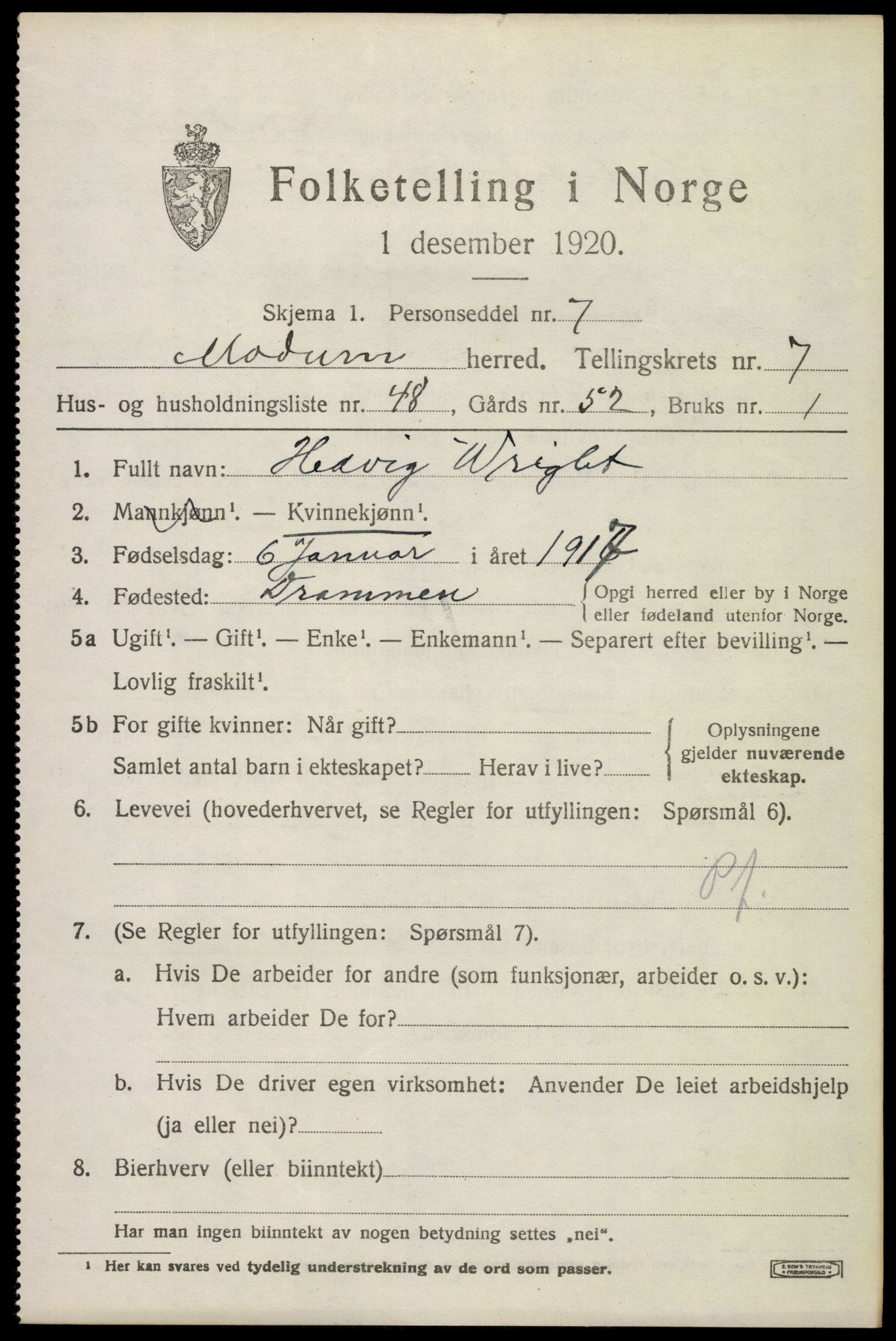 SAKO, 1920 census for Modum, 1920, p. 10357